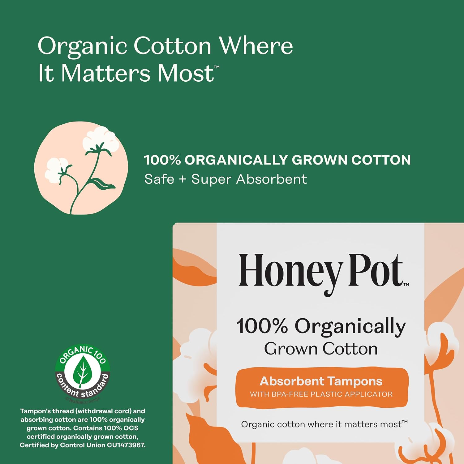 The Honey Pot Company - 100% Organic Cotton Tampons - Super Absorbency | Multipack - Tampons w/BPA Free Plastic Applicator - Unscented - Without Fragrances or Chlorine - Feminine Care - 54ct - Image 5