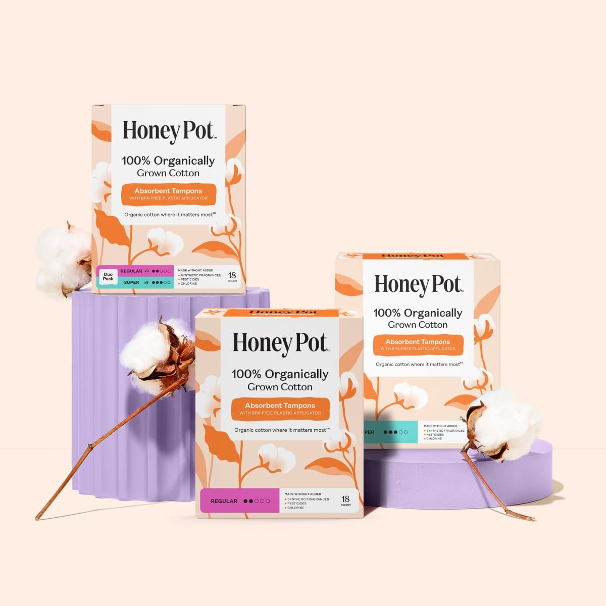 The Honey Pot Company - 100% Organic Cotton Tampons - Super Absorbency | Multipack - Tampons w/BPA Free Plastic Applicator - Unscented - Without Fragrances or Chlorine - Feminine Care - 54ct - Image 7
