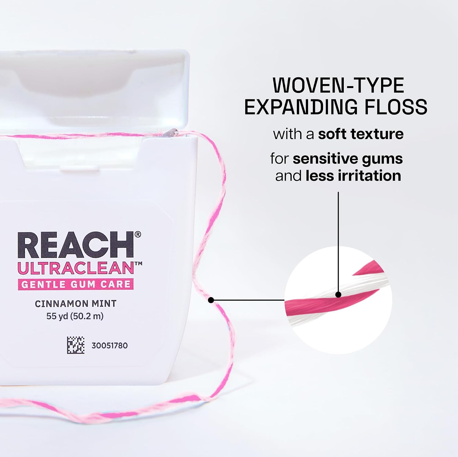 REACH ULTRACLEAN Gentle Gum Care Expanding Floss – Woven, Non-Waxed, PFAS-Free with Vitamin E, for Sensitive Gums, Cinnamon Mint 55YD (3-Pack) - Image 2