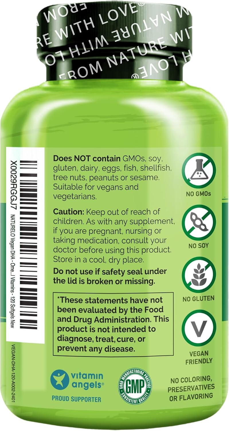 NATURELO Vegan DHA, Vegan Omega 3 Supplement, 120 Softgels, Supports Brain/Heart/Eye Health, Complements Prenatal Vitamins, Essential Fatty Acids, Omega 3 Supplement for Women & Men - Image 8