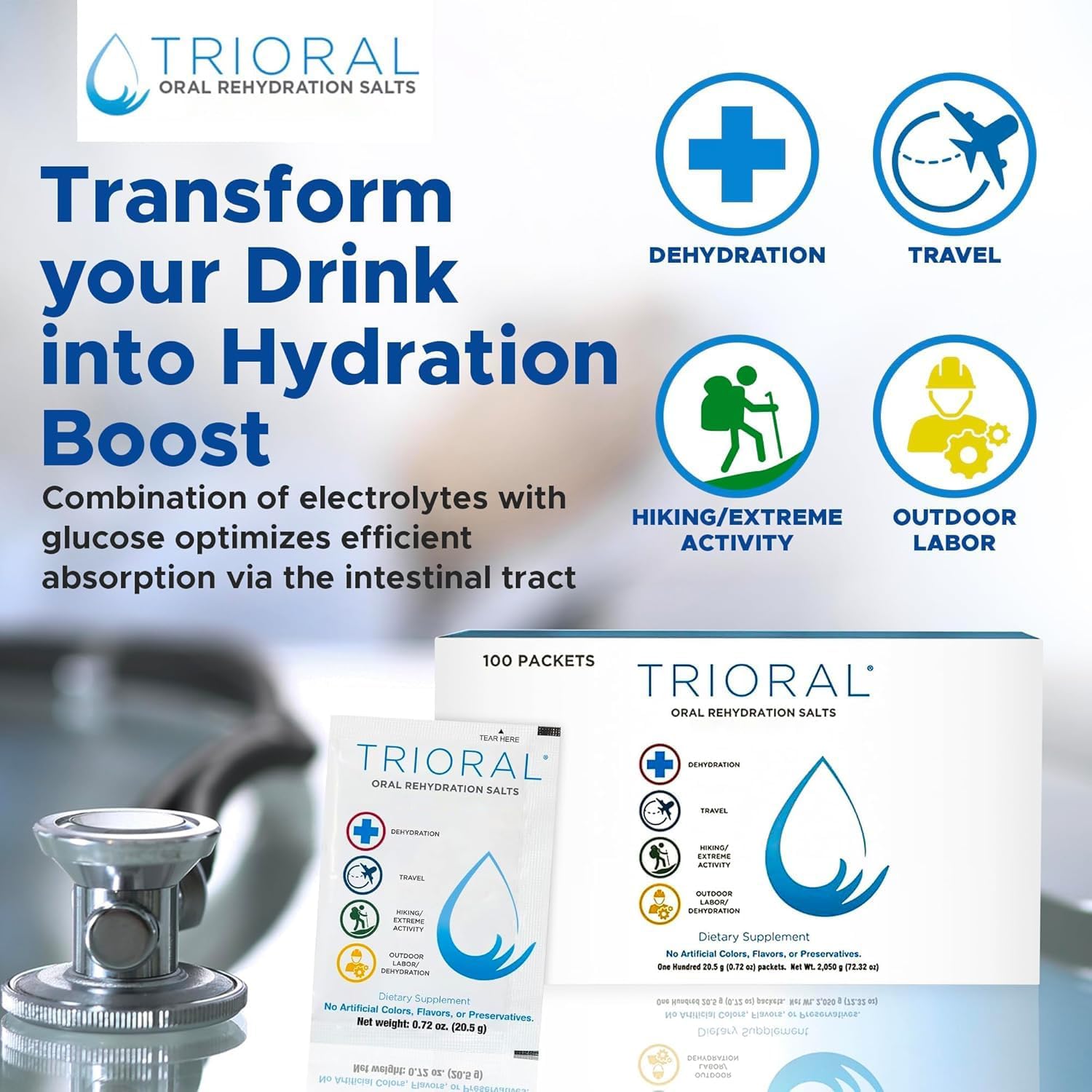 TRIORAL Electrolyte Powder Oral Rehydration Salts, 15 Drink Packets | Unflavored Formula, Single Serve Packets, Sodium and Potassium Blend, Travel Ready, Workout Hydration, Daily Drink Mix - Image 8