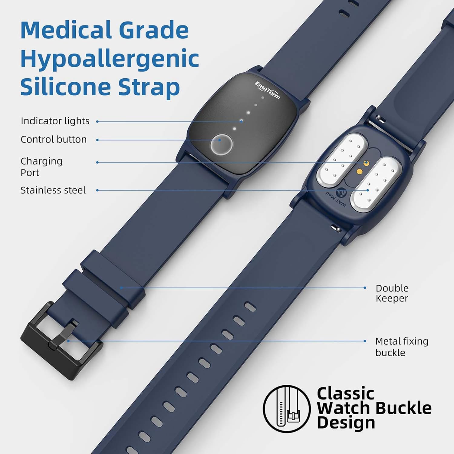 EmeTerm Explore Classic FDA-Cleared Anti-Nausea Wristband IP67 Waterproof Morning Motion Sickness Relief Band Rechargeable Classic Strap Design Drug Free Non-drowsy Without Side Effects Navy Blue - Image 6