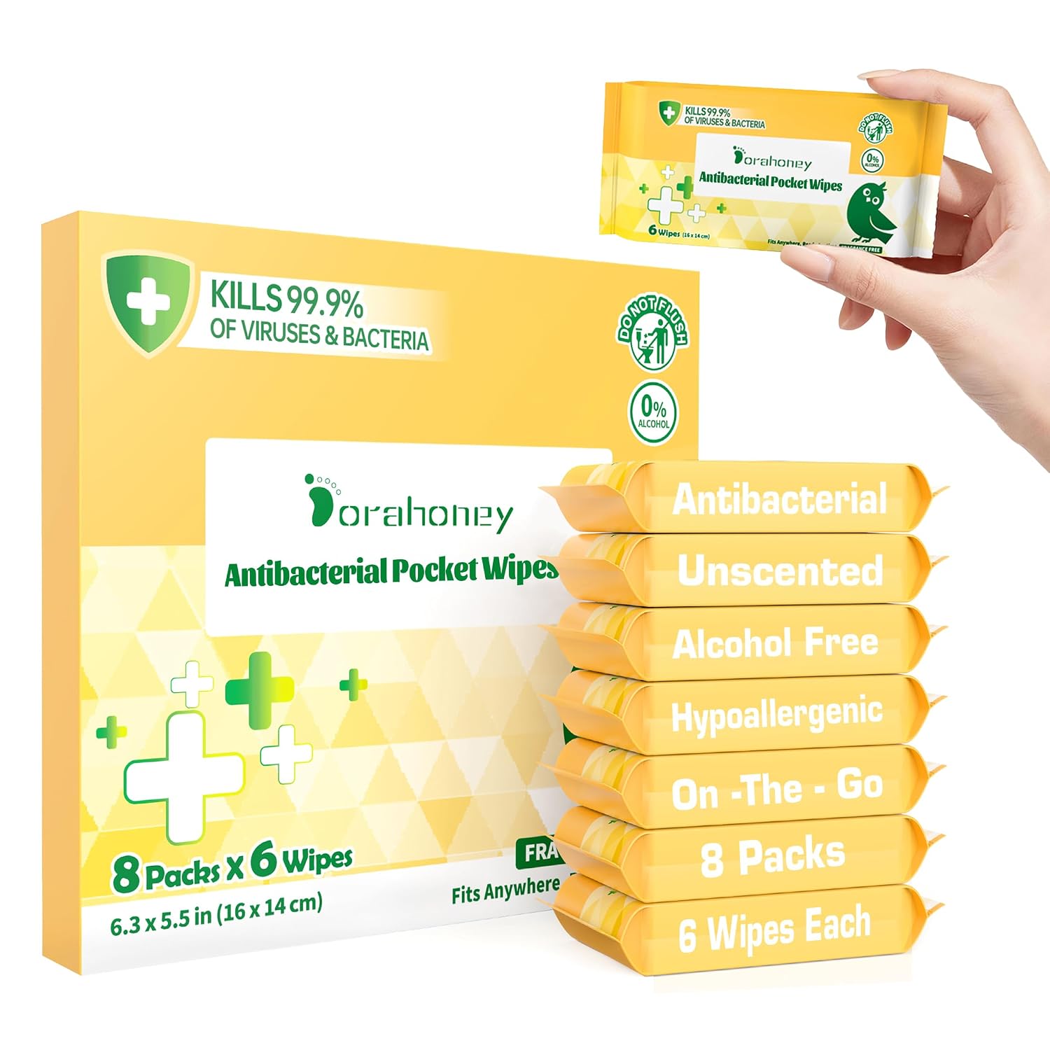 Travel Antibacterial Hand Wipes, 99% Water Hand Sanitizer Wipes, Safe for Sensitive Skin & Hypoallergenic Hand Sanitizing Pocket Wipes, 48 Count (8 Packs of 6)
