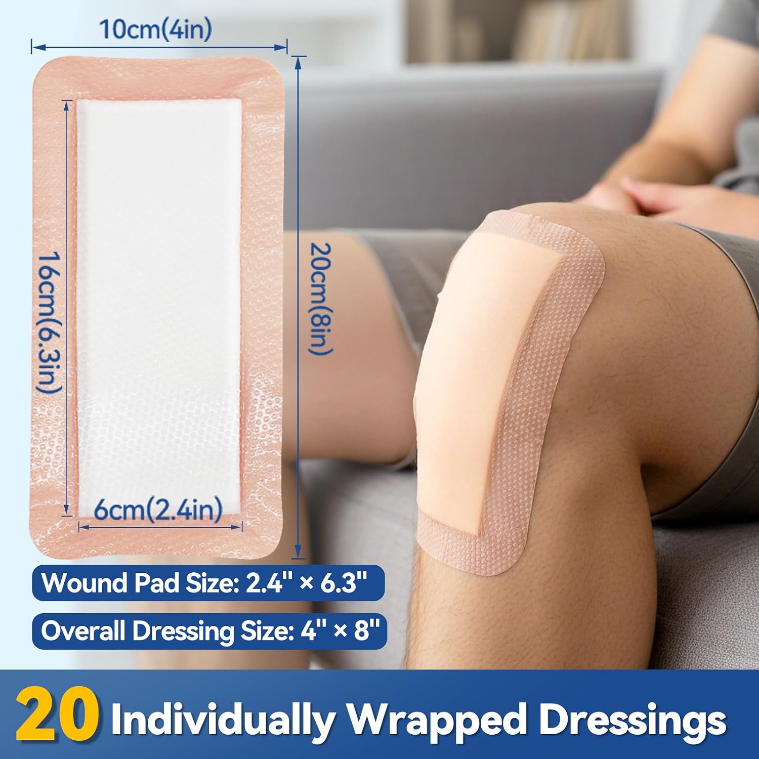 Dimora 20 Count Silicone Super Absorbent Wound Dressing - 4" x 8" Soft Gauze Pads for Bed Sores Leg Ulcers Post Surgical Incisions, Adhesive Wound Bandage with Gentle Border - Image 2