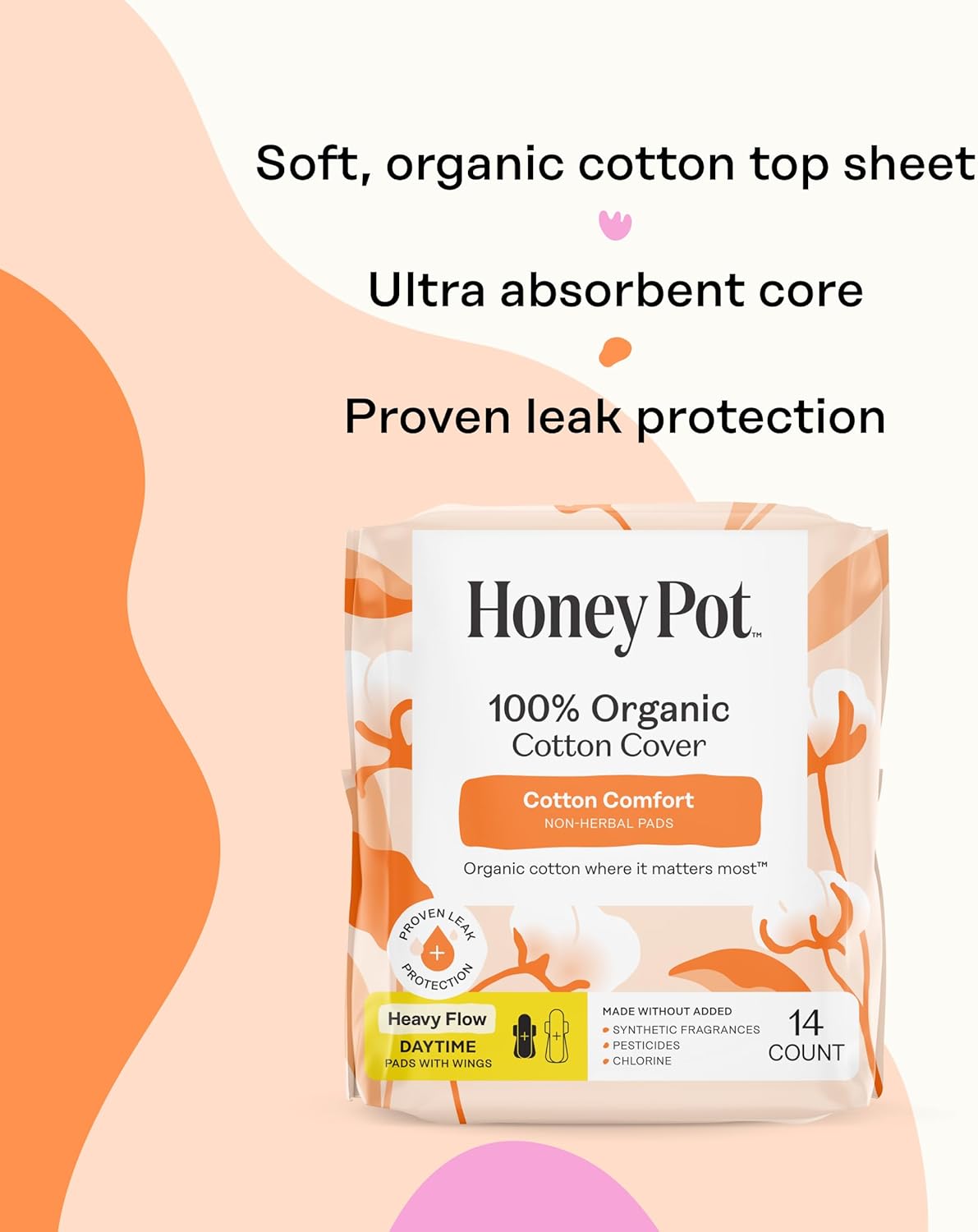 The Honey Pot Company - Cotton Comfort - Heavy Flow Daytime Pads for Women | Non-Herbal - Organic Cotton Cover - Menstrual Pads w/Wings - No Fragrance & Ultra-Absorbent Pulp Core - Feminine Care - 56ct - Image 6