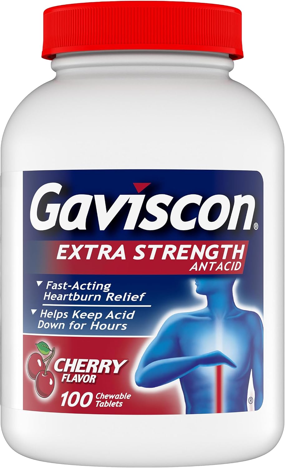 Gaviscon Extra Strength Cherry Chewable Tablet For Fast-Acting Heartburn Relief, 100 Count | For Fast-Acting Heartburn Relief, Quickly Neutralizes Stomach Acid and Helps Keep Acid Down For Hours,