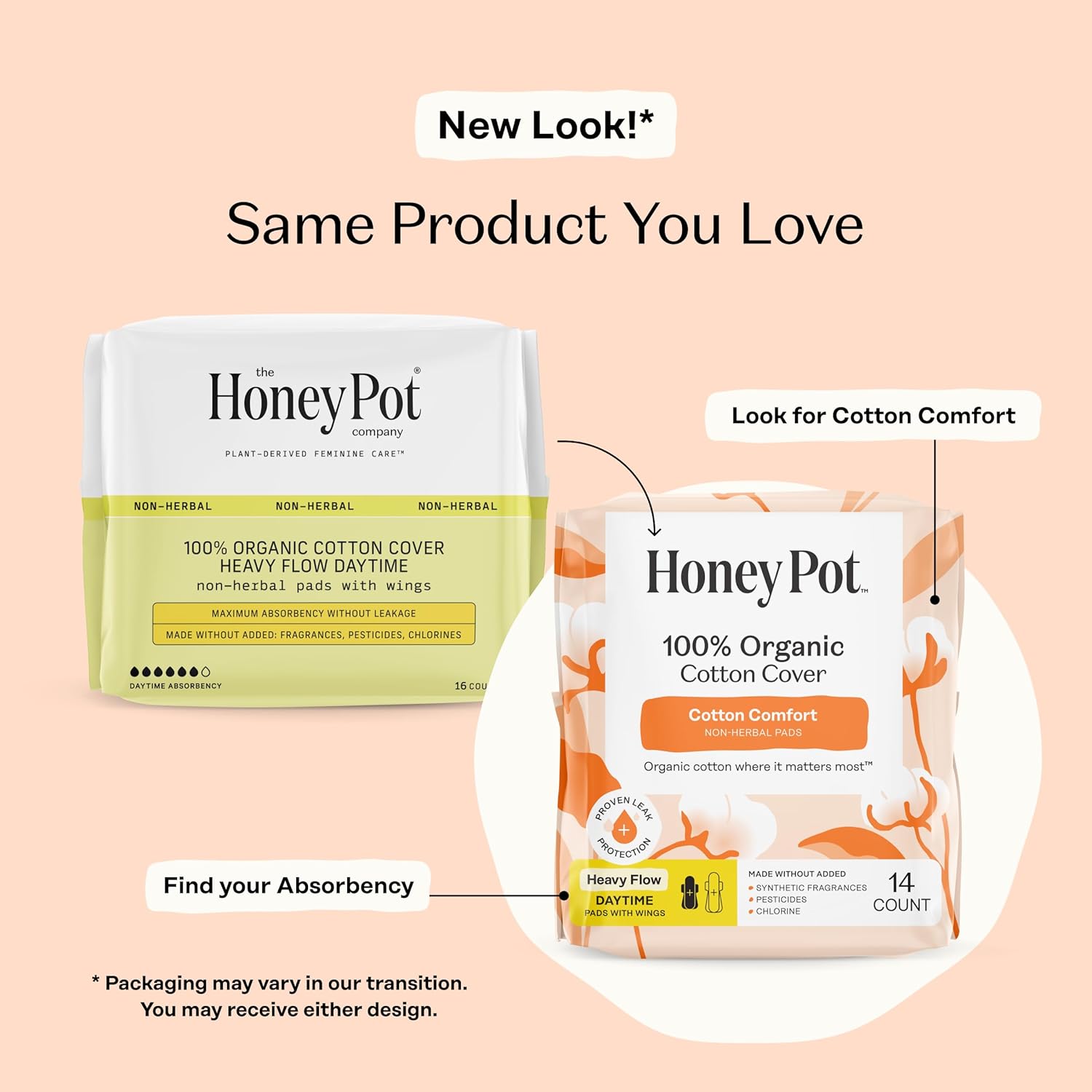 The Honey Pot Company - Cotton Comfort - Heavy Flow Daytime Pads for Women | Non-Herbal - Organic Cotton Cover - Menstrual Pads w/Wings - No Fragrance & Ultra-Absorbent Pulp Core - Feminine Care - 56ct - Image 2