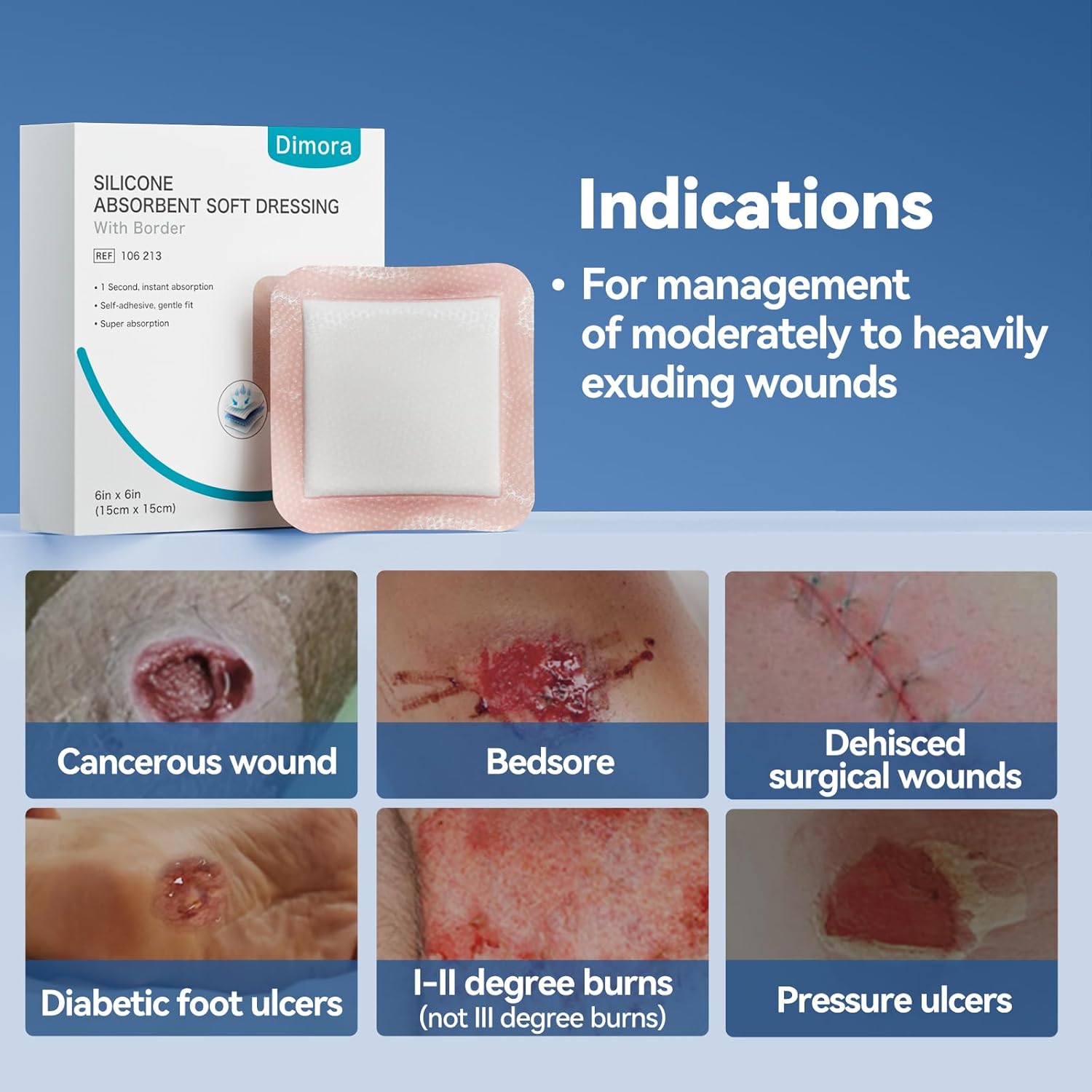 Dimora 20 Count Silicone Super Absorbent Wound Dressing 6" x 6" - Large Adhesive Bandage for Heavy Exudate, Border Wound Care Pads for Pressure Sore and Post-Surgical Incisions - Image 3