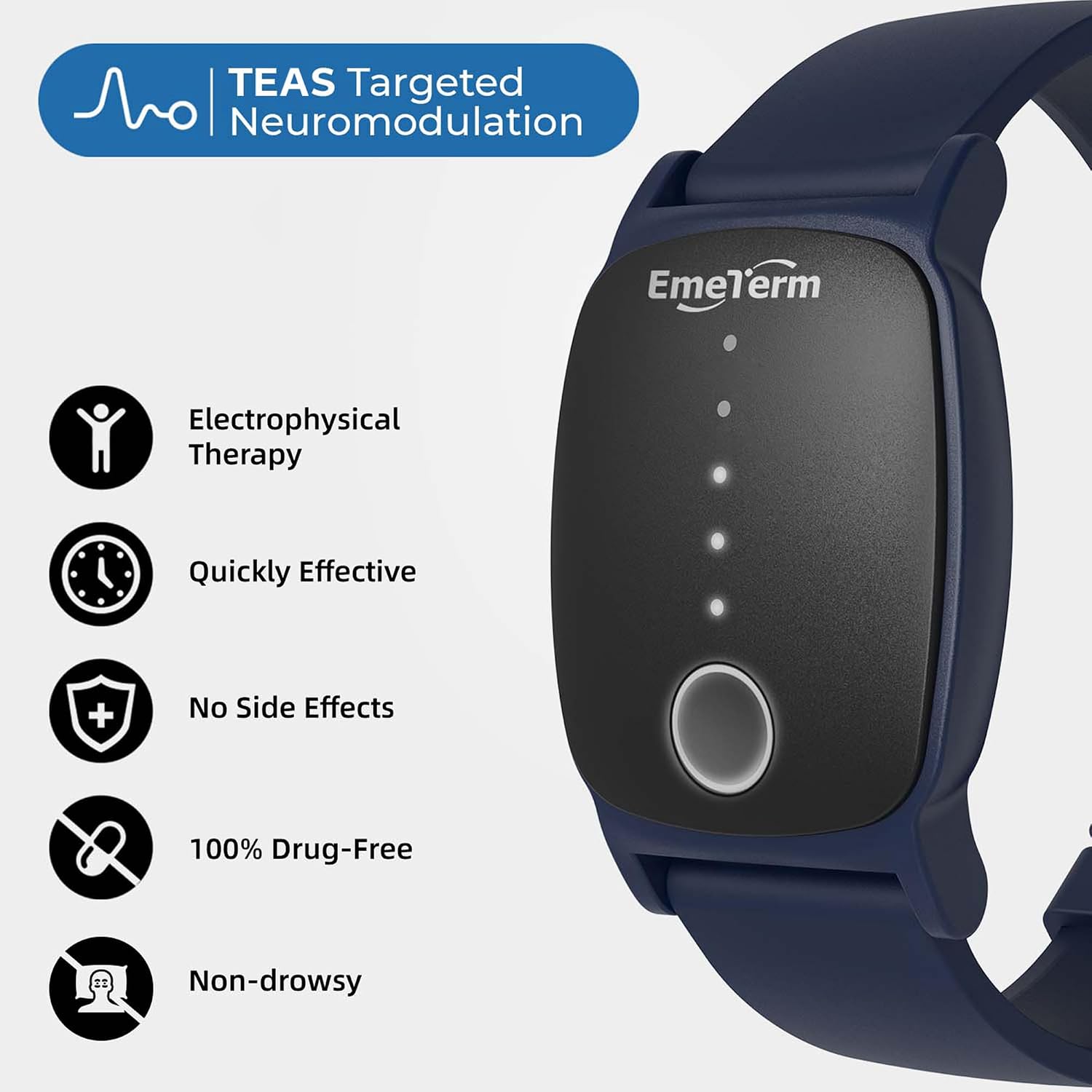 EmeTerm Explore Classic FDA-Cleared Anti-Nausea Wristband IP67 Waterproof Morning Motion Sickness Relief Band Rechargeable Classic Strap Design Drug Free Non-drowsy Without Side Effects Navy Blue - Image 4