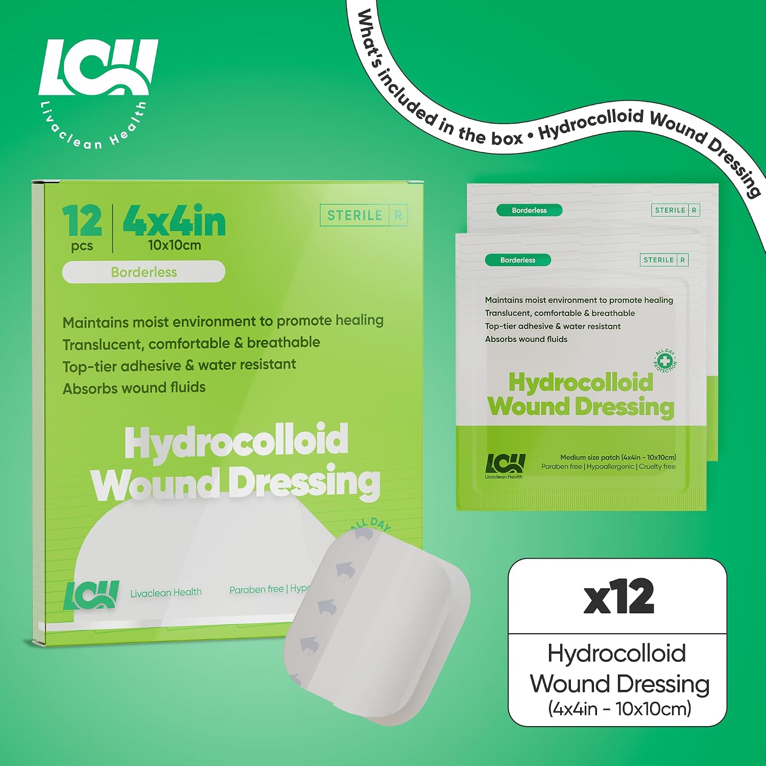12 CT 4" x 4" Hydrocolloid Bandages Large - Sterile Colloidal Bandages - Adhesive Hydrocolloid Wound Dressing - Individually Packed Extra Large Patches for Wounds, Blisters and Bed Sores - Image 2