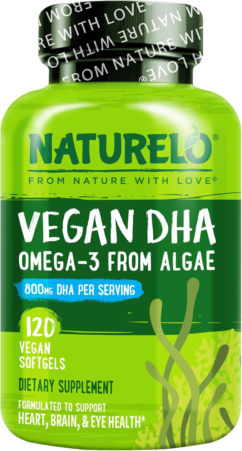 NATURELO Vegan DHA, Vegan Omega 3 Supplement, 120 Softgels, Supports Brain/Heart/Eye Health, Complements Prenatal Vitamins, Essential Fatty Acids, Omega 3 Supplement for Women & Men