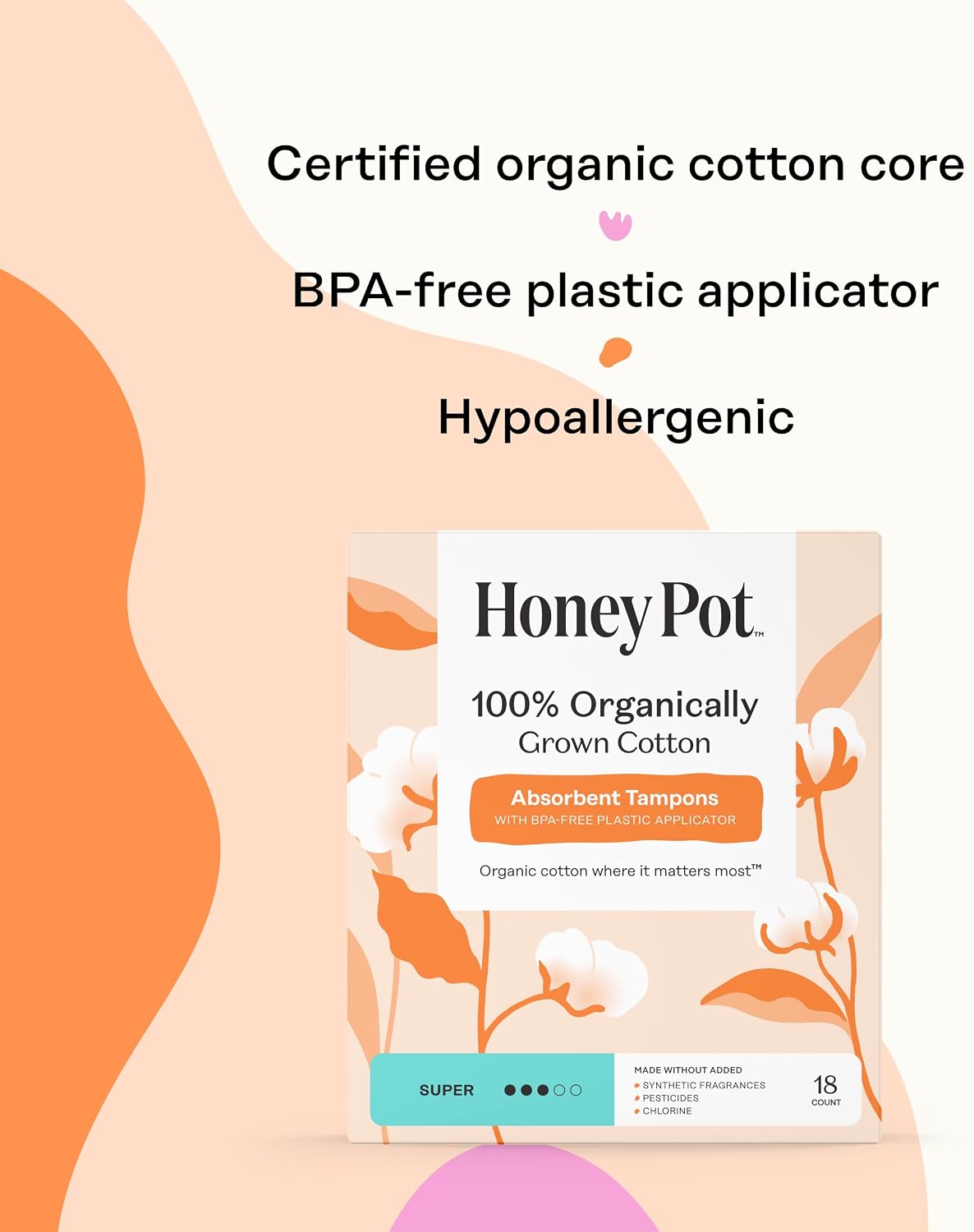 The Honey Pot Company - 100% Organic Cotton Tampons - Super Absorbency | Multipack - Tampons w/BPA Free Plastic Applicator - Unscented - Without Fragrances or Chlorine - Feminine Care - 54ct - Image 4