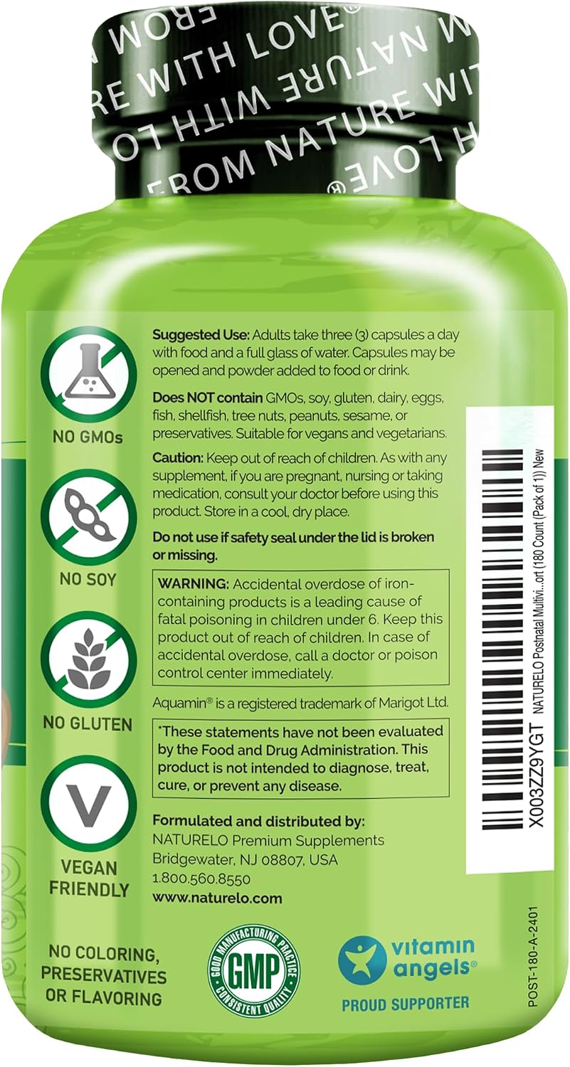 NATURELO Postnatal Multivitamin - Supplement for Breastfeeding Women - Plant-Based Vitamin D, Folate, Gentle Iron - for Nursing Mother, Baby - Post Natal Lactation Support 180 Capsules - Image 2