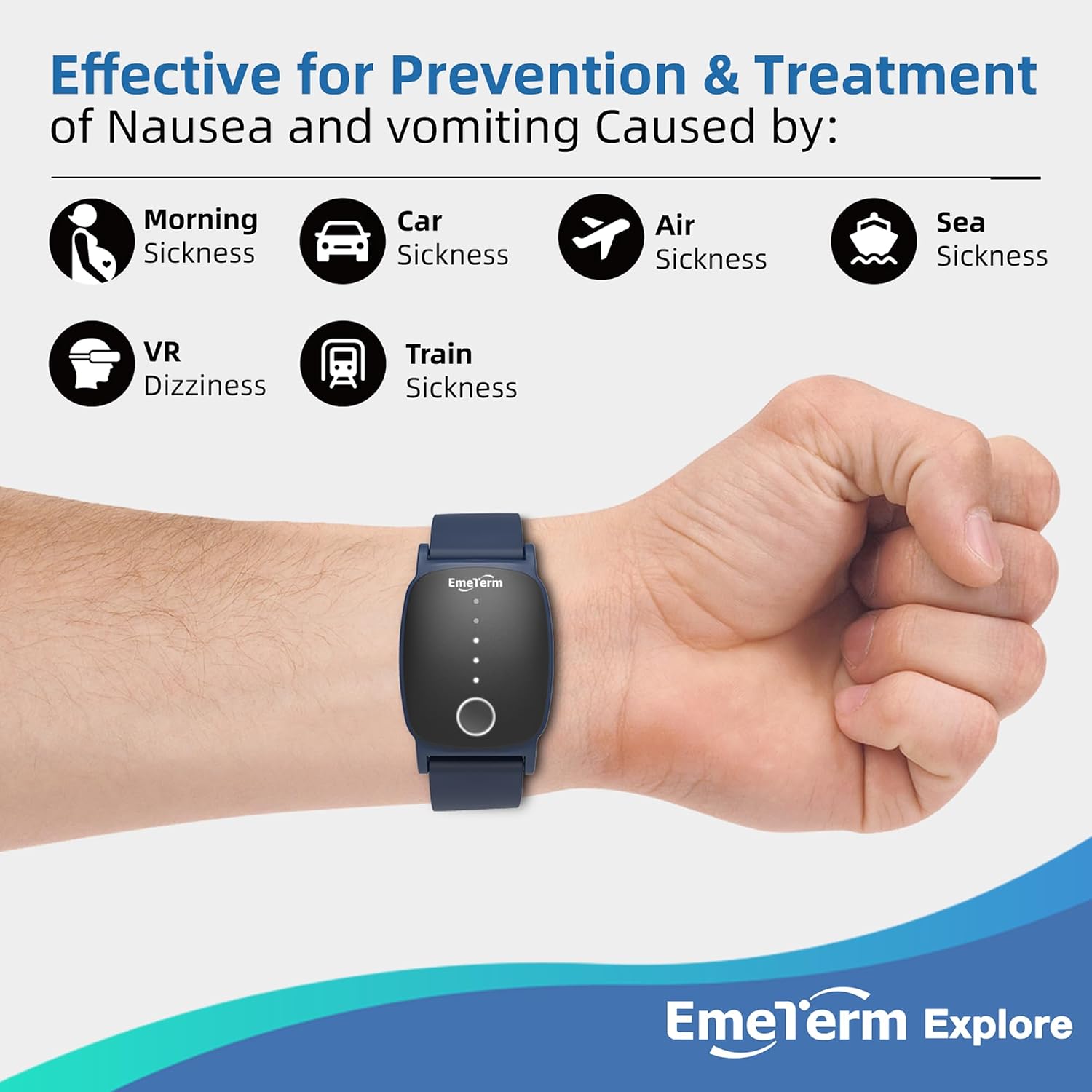 EmeTerm Explore Classic FDA-Cleared Anti-Nausea Wristband IP67 Waterproof Morning Motion Sickness Relief Band Rechargeable Classic Strap Design Drug Free Non-drowsy Without Side Effects Navy Blue - Image 3