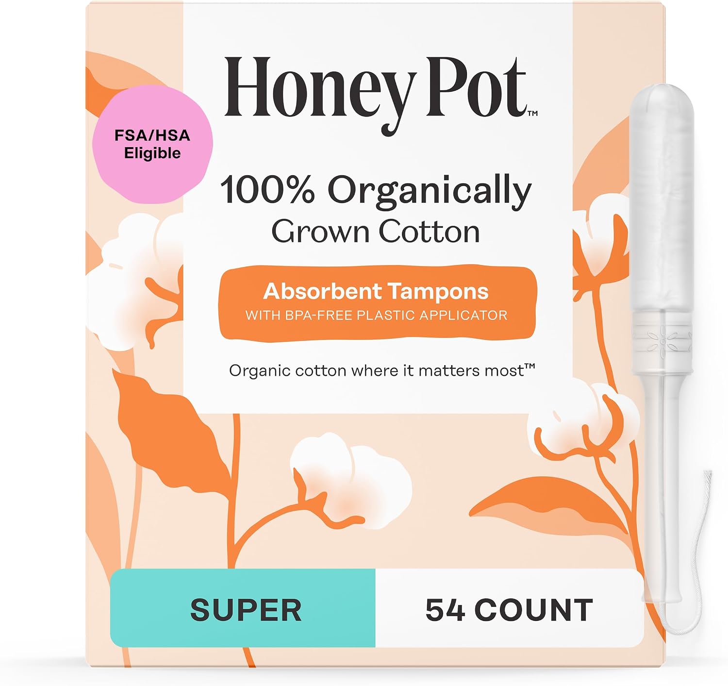 The Honey Pot Company - 100% Organic Cotton Tampons - Super Absorbency | Multipack - Tampons w/BPA Free Plastic Applicator - Unscented - Without Fragrances or Chlorine - Feminine Care - 54ct