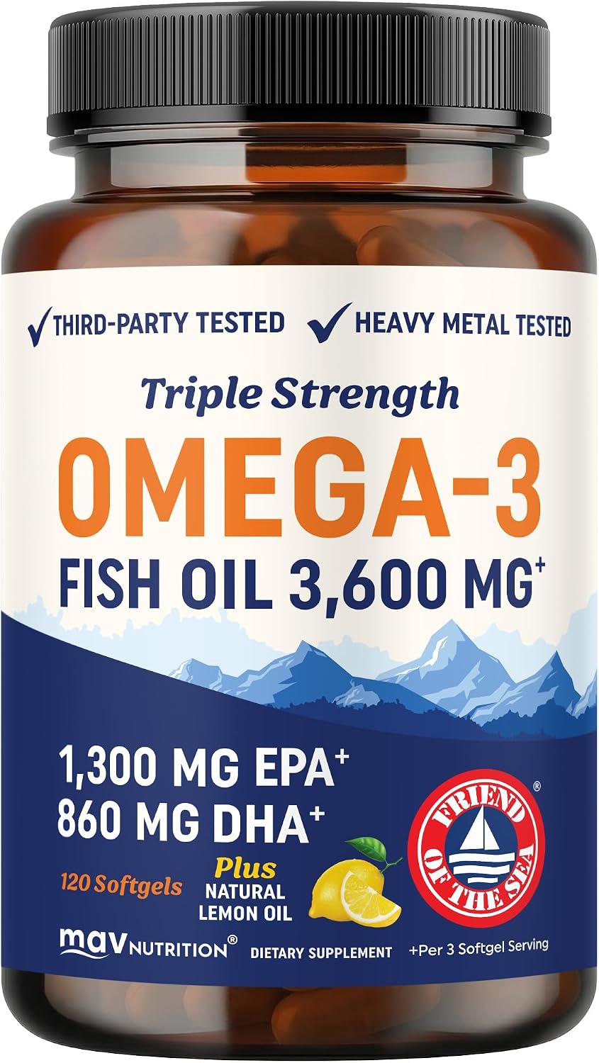 Triple Strength Omega 3 Fish Oil 3600 mg, EPA & DHA, Omega-3 with Lemon Oil | 1300mg EPA + 860mg DHA, Doctor-Formulated, Best Essential Fatty Acids, Premium Wild Caught & Burpless Fish Oil, 120 Softgels
