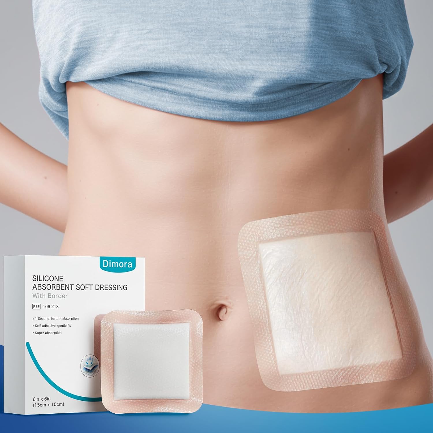 Dimora 20 Count Silicone Super Absorbent Wound Dressing 6" x 6" - Large Adhesive Bandage for Heavy Exudate, Border Wound Care Pads for Pressure Sore and Post-Surgical Incisions - Image 7