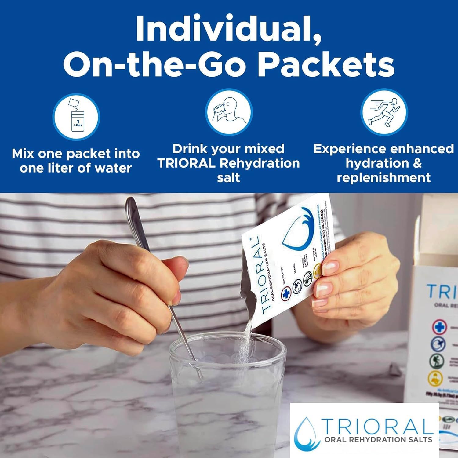 TRIORAL Electrolyte Powder Oral Rehydration Salts, 15 Drink Packets | Unflavored Formula, Single Serve Packets, Sodium and Potassium Blend, Travel Ready, Workout Hydration, Daily Drink Mix - Image 3