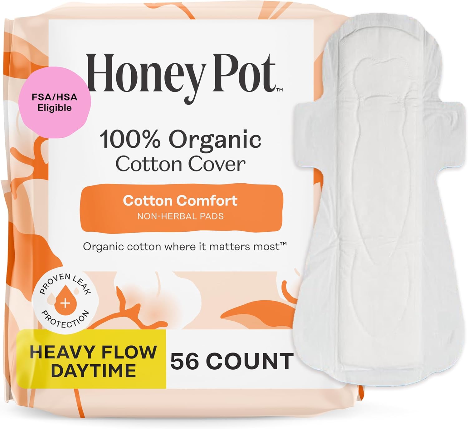 The Honey Pot Company - Cotton Comfort - Heavy Flow Daytime Pads for Women | Non-Herbal - Organic Cotton Cover - Menstrual Pads w/Wings - No Fragrance & Ultra-Absorbent Pulp Core - Feminine Care - 56ct