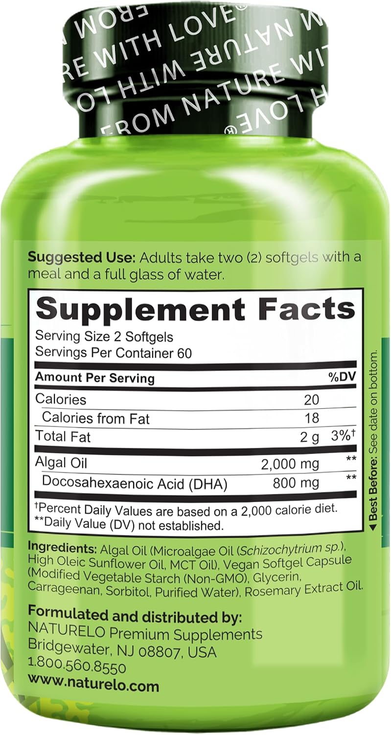 NATURELO Vegan DHA, Vegan Omega 3 Supplement, 120 Softgels, Supports Brain/Heart/Eye Health, Complements Prenatal Vitamins, Essential Fatty Acids, Omega 3 Supplement for Women & Men - Image 7