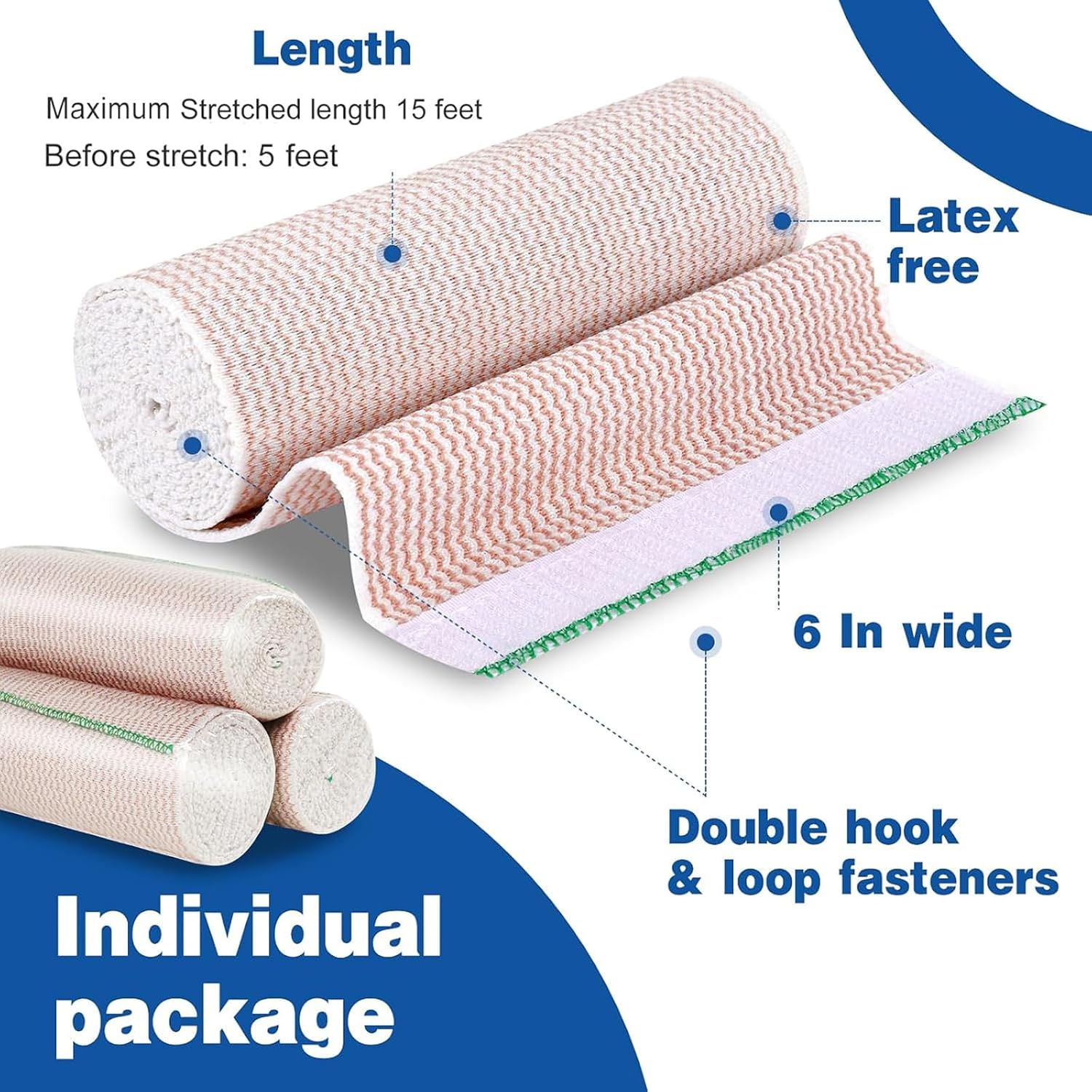 AZEN Premium 2 Pack Elastic Bandage Wrap 6 Inch, Compression Wrap Bandage for Legs, Ankle, Knee, Tummy, Body, Latex-Free, Lymphedema Wraps for Legs - Image 2