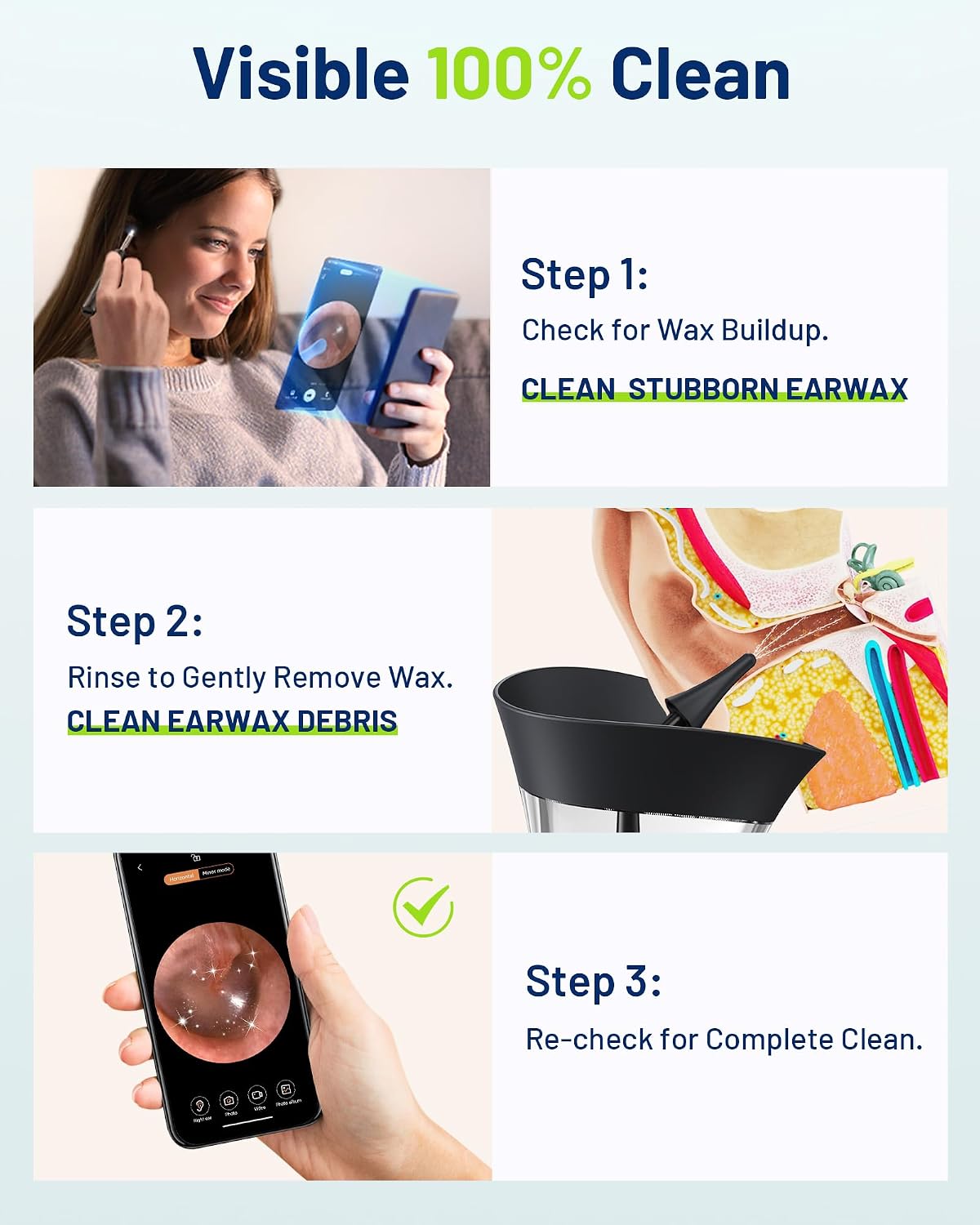 Ear Cleaner with Camera, Manual Wax Removal Kit, 7 Spoons, Black | Safe Flushing & Visual Ear Care, Earscope with Light, Ear Picker for Stubborn Wax, One-Hand Design, FSA-HSA, Home Travel Use - Image 2