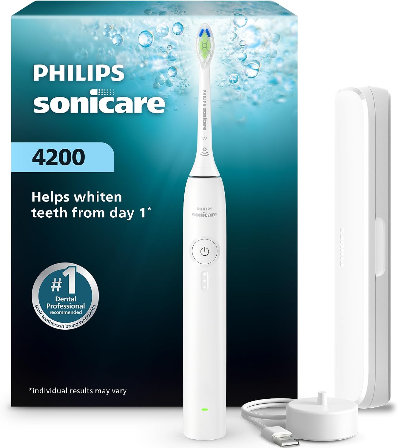 Philips Sonicare 4200 Rechargeable Electric Toothbrush, 1 Brush Head, White | Built-in Pressure Sensor, 3 Brush Settings, 2-Minute Guided Timer, 14-Day Battery, Includes Travel Case, HX4053/62
