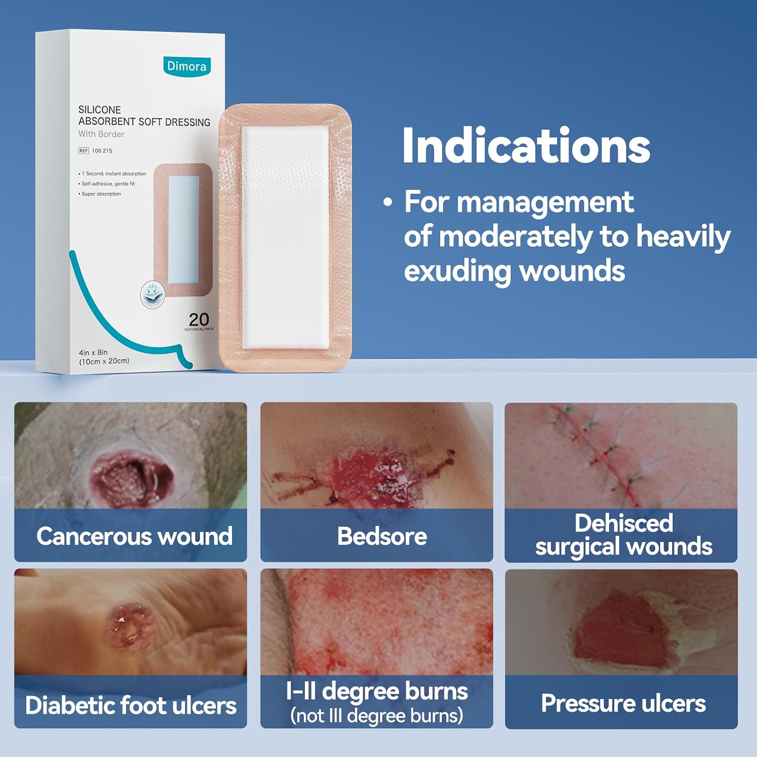 Dimora 20 Count Silicone Super Absorbent Wound Dressing - 4" x 8" Soft Gauze Pads for Bed Sores Leg Ulcers Post Surgical Incisions, Adhesive Wound Bandage with Gentle Border - Image 3