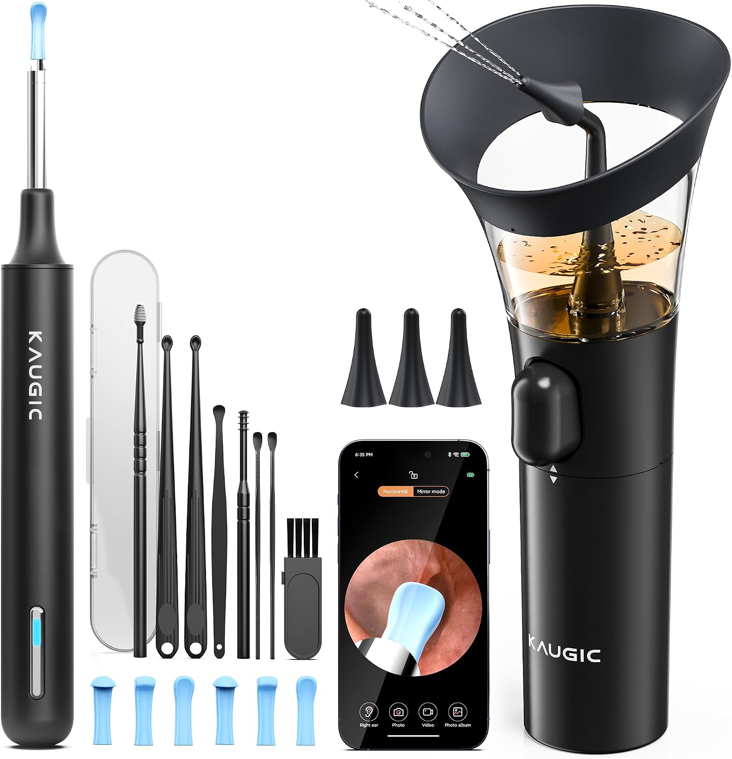 Ear Cleaner with Camera, Manual Wax Removal Kit, 7 Spoons, Black | Safe Flushing & Visual Ear Care, Earscope with Light, Ear Picker for Stubborn Wax, One-Hand Design, FSA-HSA, Home Travel Use