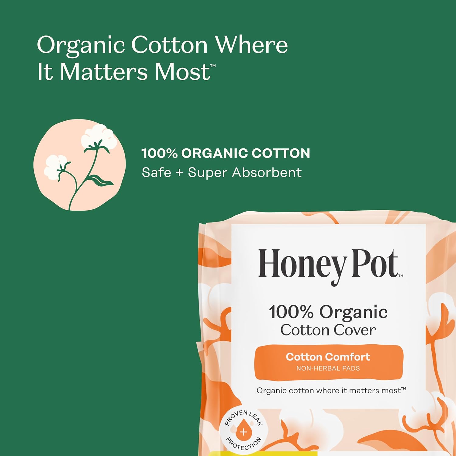 The Honey Pot Company - Cotton Comfort - Heavy Flow Daytime Pads for Women | Non-Herbal - Organic Cotton Cover - Menstrual Pads w/Wings - No Fragrance & Ultra-Absorbent Pulp Core - Feminine Care - 56ct - Image 3