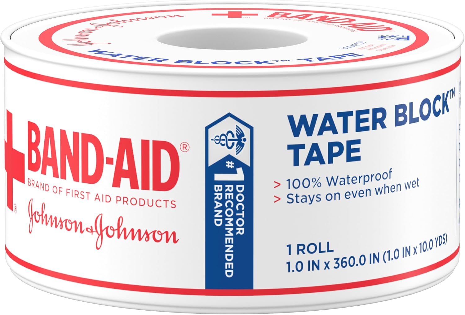 BAND-AID Brand of First Aid Products Water Block Tape, 1 in x 10 yd, 1 Roll | Self-Adhesive Bandage Tape, Durable Protection for First Aid, 100% Waterproof Wound Care for Minor Cuts, Scrapes & Burns