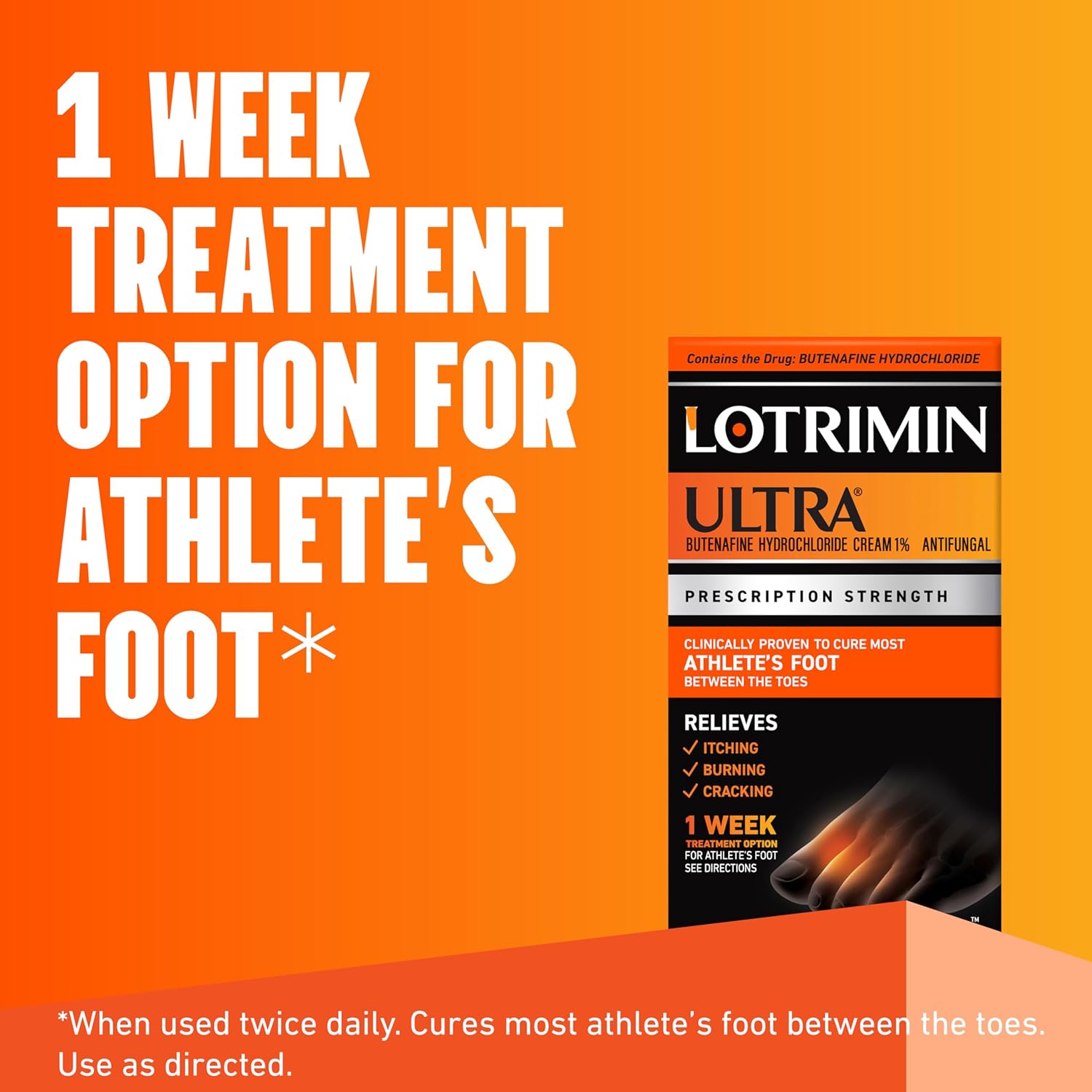 Lotrimin Ultra 1 Week Athlete's Foot Treatment, Prescription Strength Butenafine Hydrochloride 1%, Cures Most Athlete’s Foot Between Toes, Cream, 1.1 Oz - Image 2