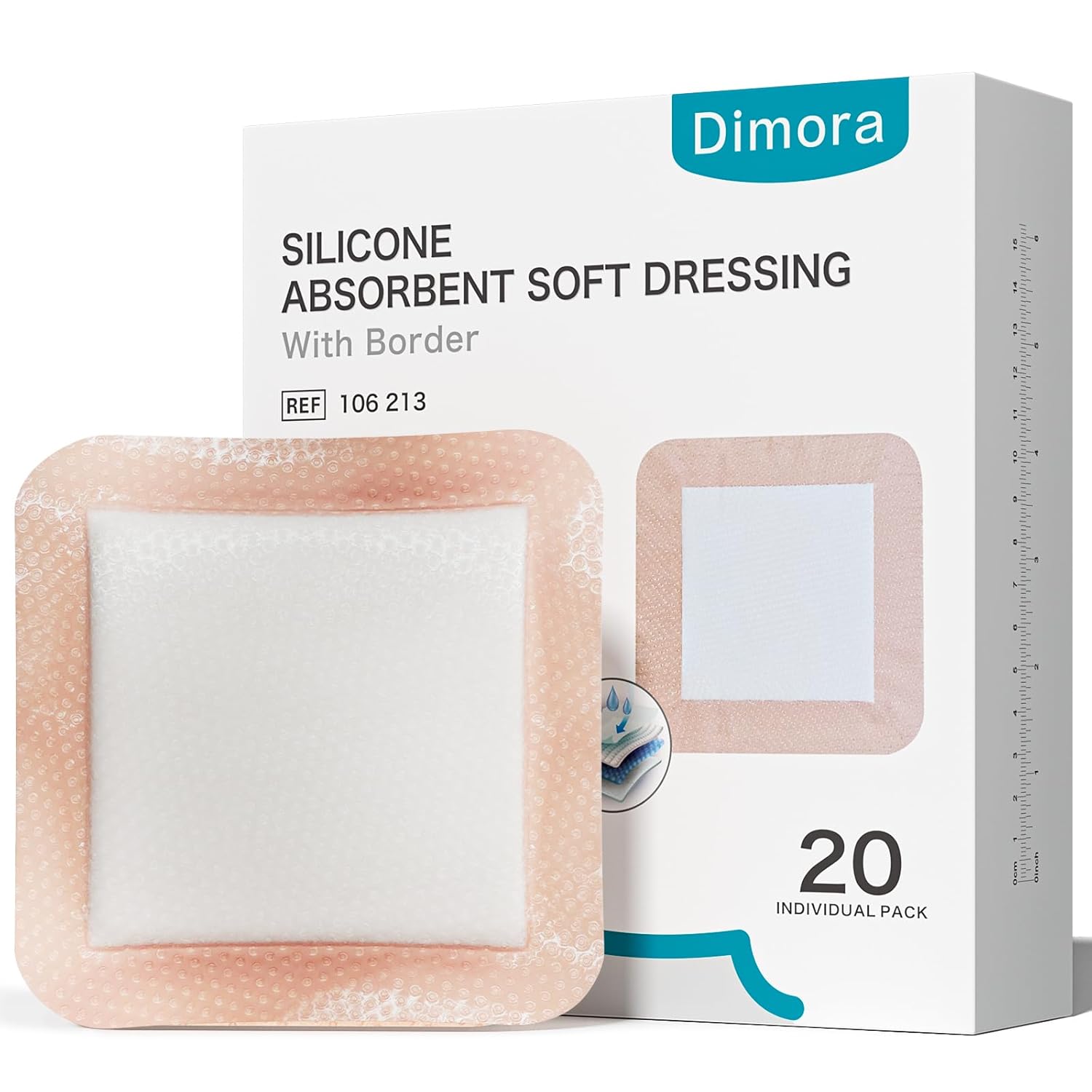 Dimora 20 Count Silicone Super Absorbent Wound Dressing 6" x 6" - Large Adhesive Bandage for Heavy Exudate, Border Wound Care Pads for Pressure Sore and Post-Surgical Incisions
