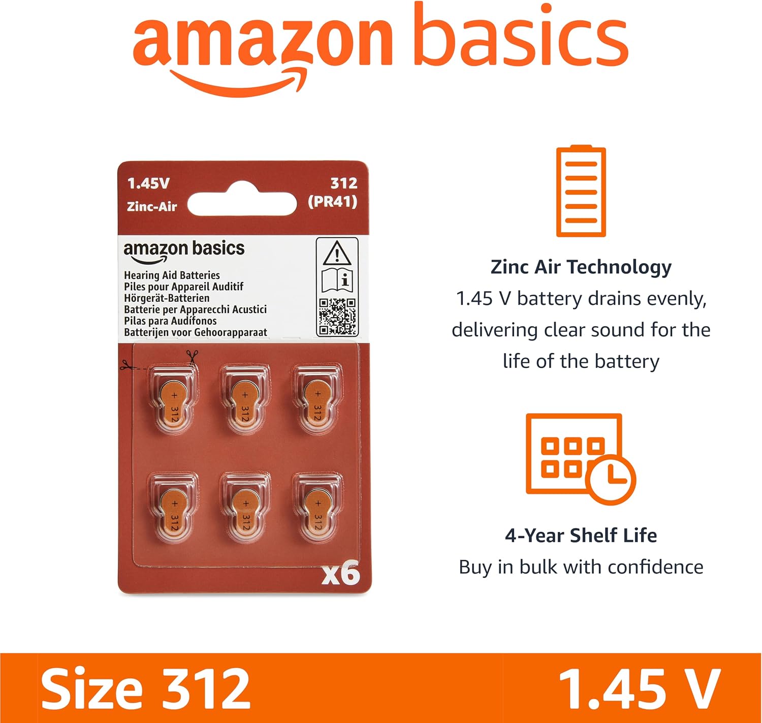 Amazon Basics 60-Pack Hearing Aid Batteries Size 312, 1.45 Volt, Zinc Air Technology, Long-Lasting, 4-Year Shelf Life, Mercury Free, Brown Tab, Child-Safe Package - Image 2
