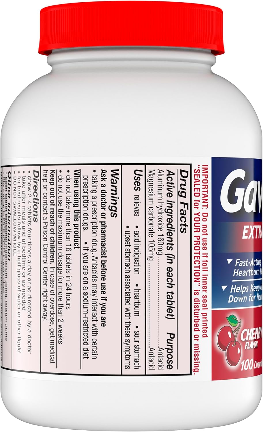 Gaviscon Extra Strength Cherry Chewable Tablet For Fast-Acting Heartburn Relief, 100 Count | For Fast-Acting Heartburn Relief, Quickly Neutralizes Stomach Acid and Helps Keep Acid Down For Hours, - Image 10