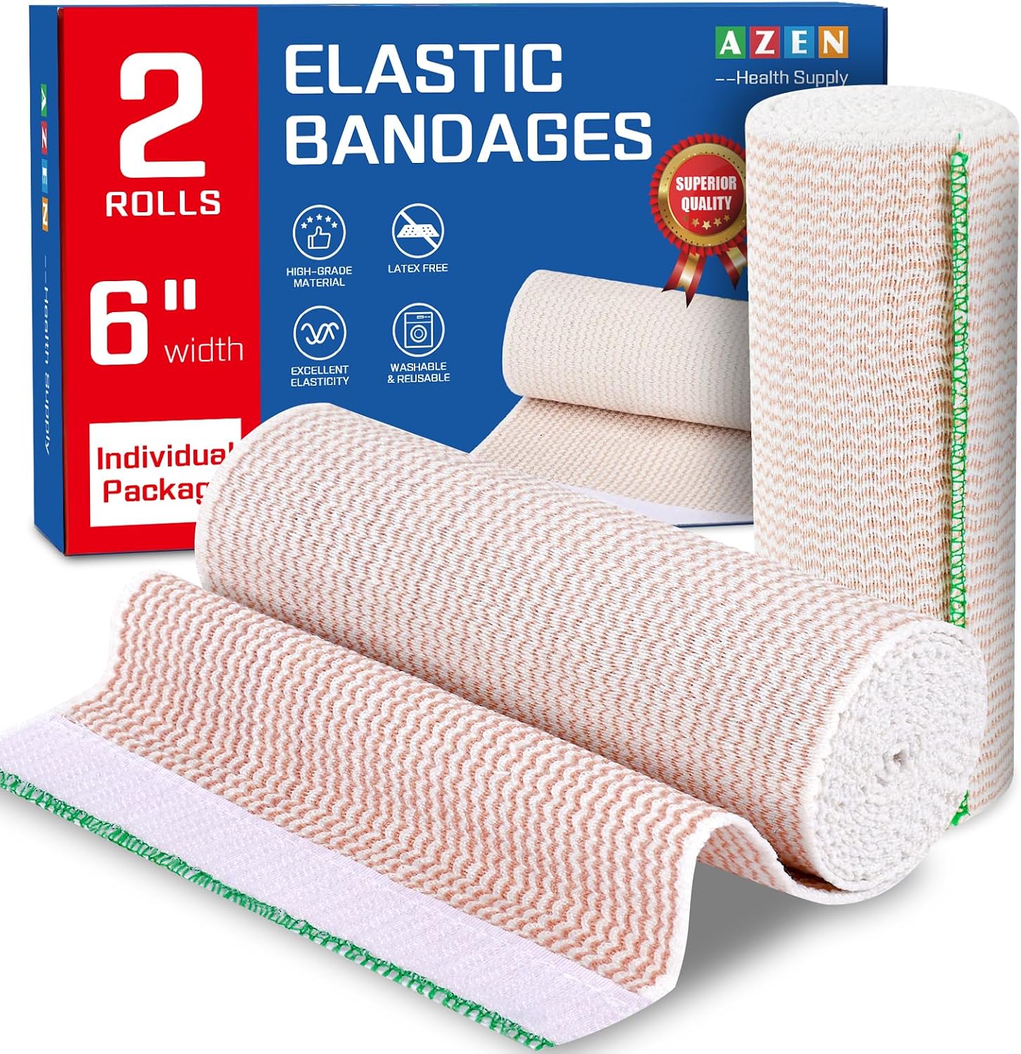 AZEN Premium 2 Pack Elastic Bandage Wrap 6 Inch, Compression Wrap Bandage for Legs, Ankle, Knee, Tummy, Body, Latex-Free, Lymphedema Wraps for Legs