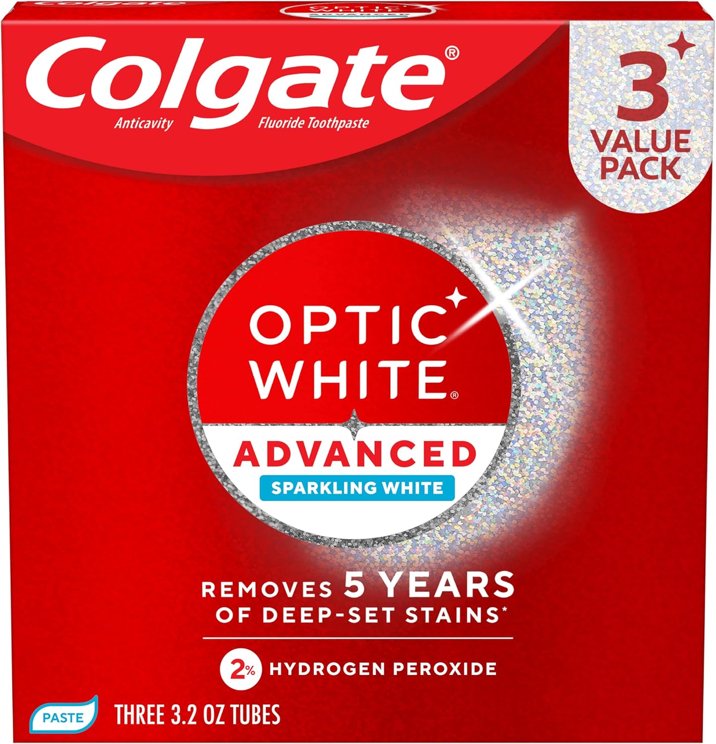 Colgate Optic White Advanced Hydrogen Peroxide Toothpaste, 3 Pack, 3.2 oz | Sparkling White, Teeth Whitening Toothpaste, Removes 5 Years of Deep-Set Coffee, Tea, and Wine Stains, Enamel Safe Formula