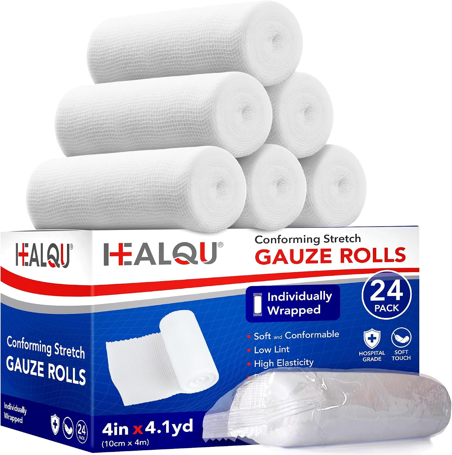 HEALQU Premium Gauze Rolls - 4" x 4 Yards - 24 Rolls, Individually Wrapped Conforming Stretch Gauze Bandage - Super Soft Woven Stretch Bandages for Primary Wound Dressing Support