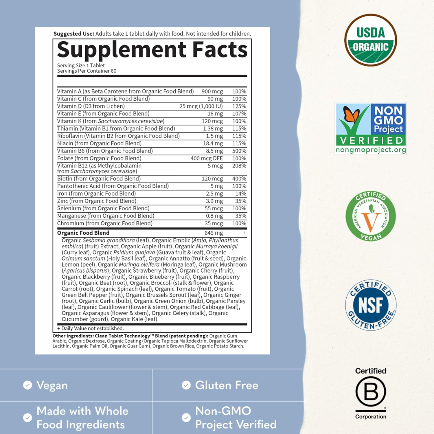 Garden of Life Once Daily Whole Food Multivitamin for Men, Organic Mens Vitamins & Minerals, Vitamin C, Zinc, Vegan, for Health & Well-Being, 60 Tablets | Organic Mens Vitamins & Minerals, Vitamin C, Zinc, Vegan, For Health & Well-Being, Whole Food - Image 3