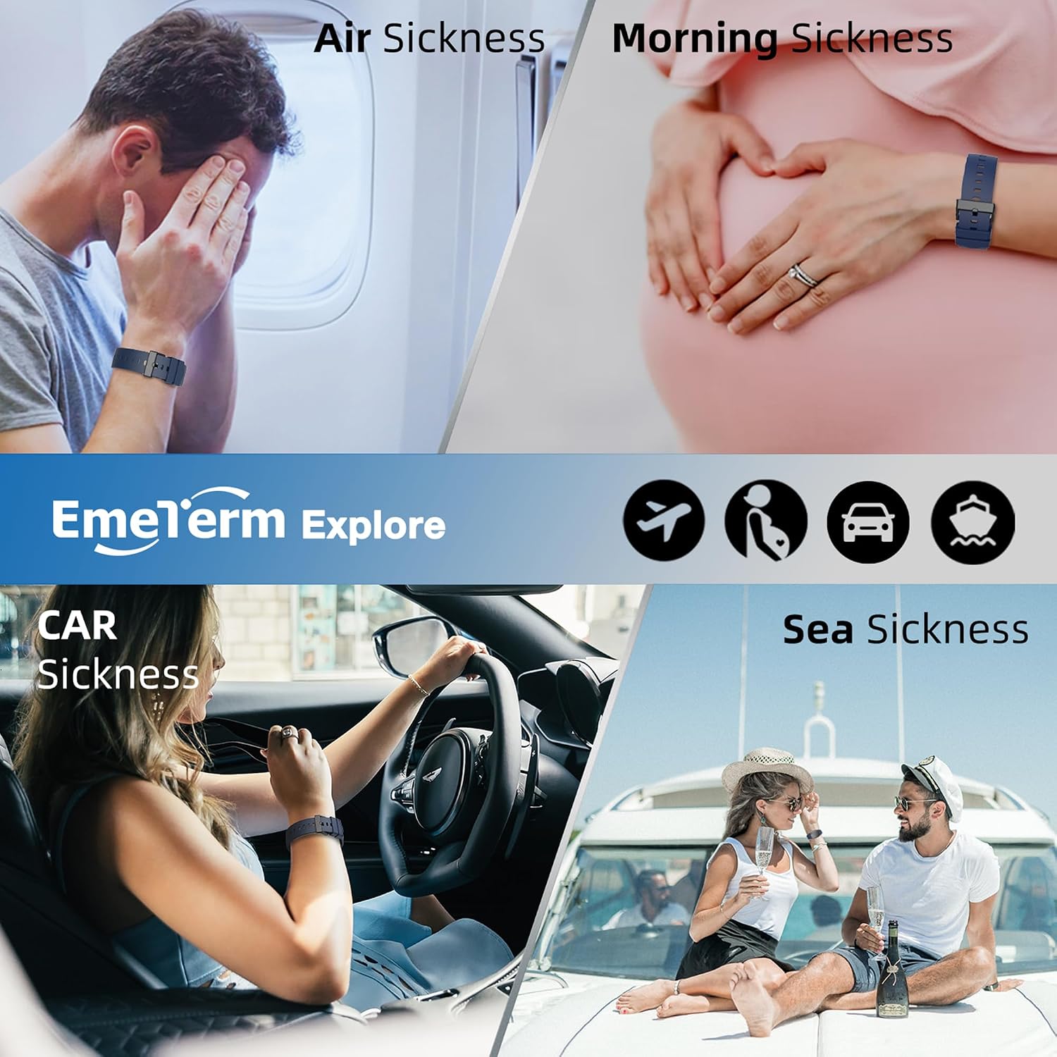 EmeTerm Explore Classic FDA-Cleared Anti-Nausea Wristband IP67 Waterproof Morning Motion Sickness Relief Band Rechargeable Classic Strap Design Drug Free Non-drowsy Without Side Effects Navy Blue - Image 7