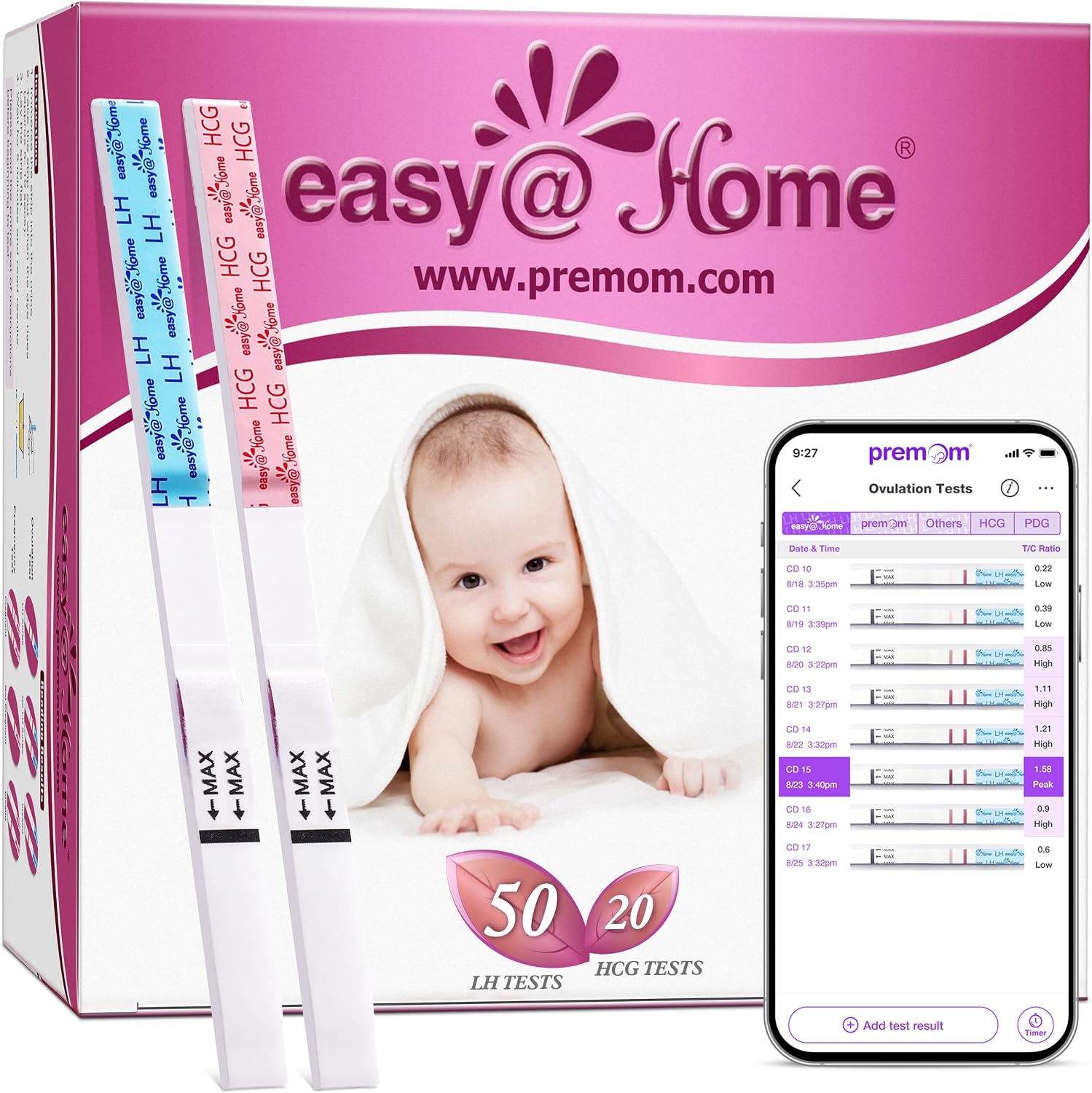 Easy@Home 50 Ovulation Test Strips and 20 Pregnancy Test Strips Combo Kit | Ovulation and Pregnancy Test Strips, 50 LH Tests + 20 hCG Tests, Daily Ovulation Tracking, Package May Vary