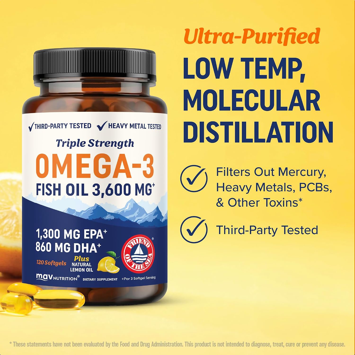 Triple Strength Omega 3 Fish Oil 3600 mg, EPA & DHA, Omega-3 with Lemon Oil | 1300mg EPA + 860mg DHA, Doctor-Formulated, Best Essential Fatty Acids, Premium Wild Caught & Burpless Fish Oil, 120 Softgels - Image 5