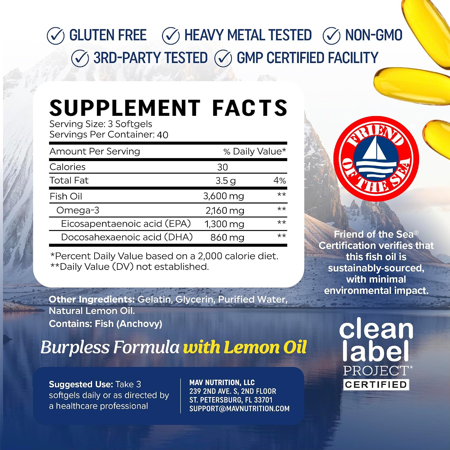 Triple Strength Omega 3 Fish Oil 3600 mg, EPA & DHA, Omega-3 with Lemon Oil | 1300mg EPA + 860mg DHA, Doctor-Formulated, Best Essential Fatty Acids, Premium Wild Caught & Burpless Fish Oil, 120 Softgels - Image 6