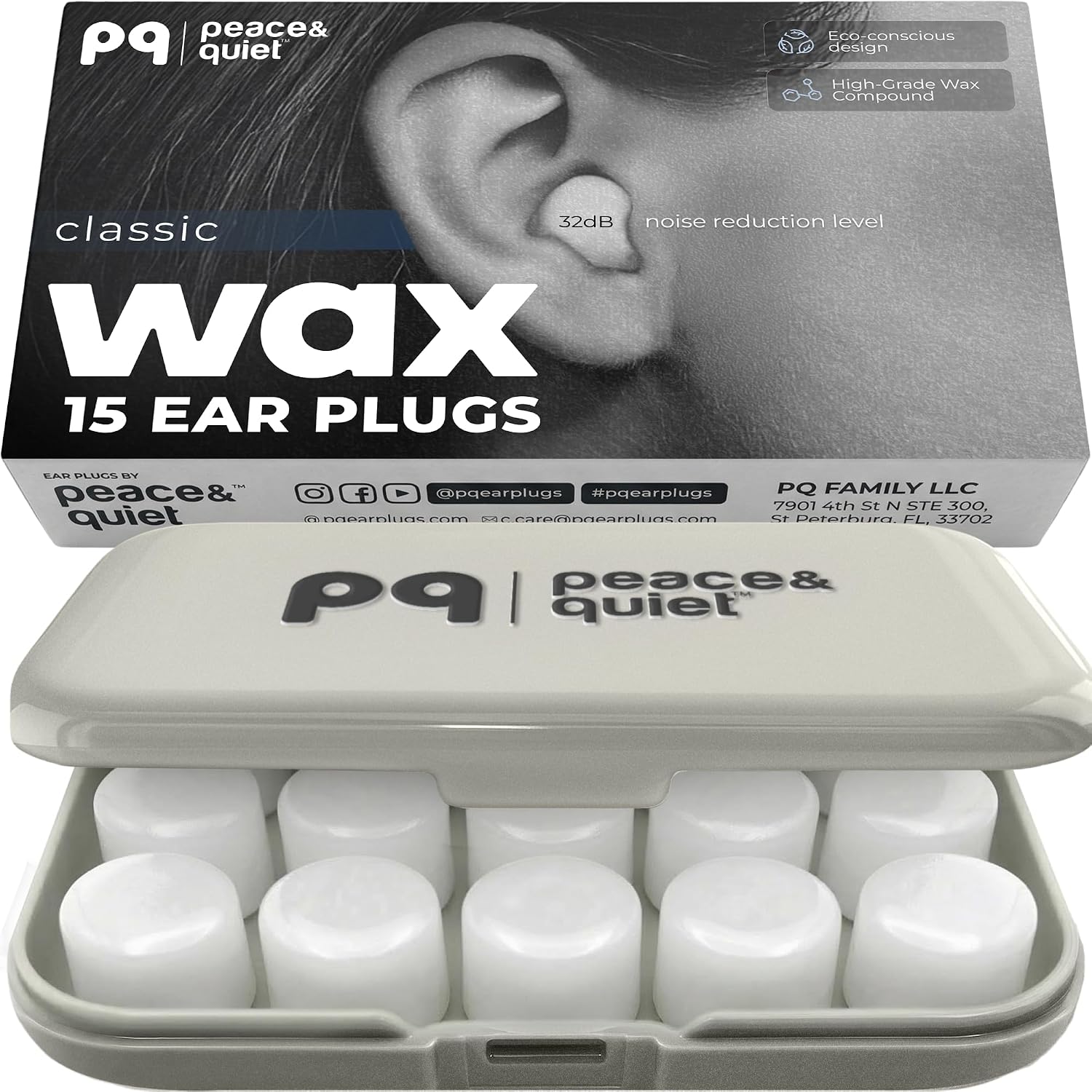 Peace&Quiet PQ Wax Ear Plugs for Sleeping, Swimming - 15 Soft Noise Cancelling Silicone Gel Wax Earplugs for Sleep and Swimmers, Ear Protection with Sound Blocking Level of 32 Db, (15-Pillows)