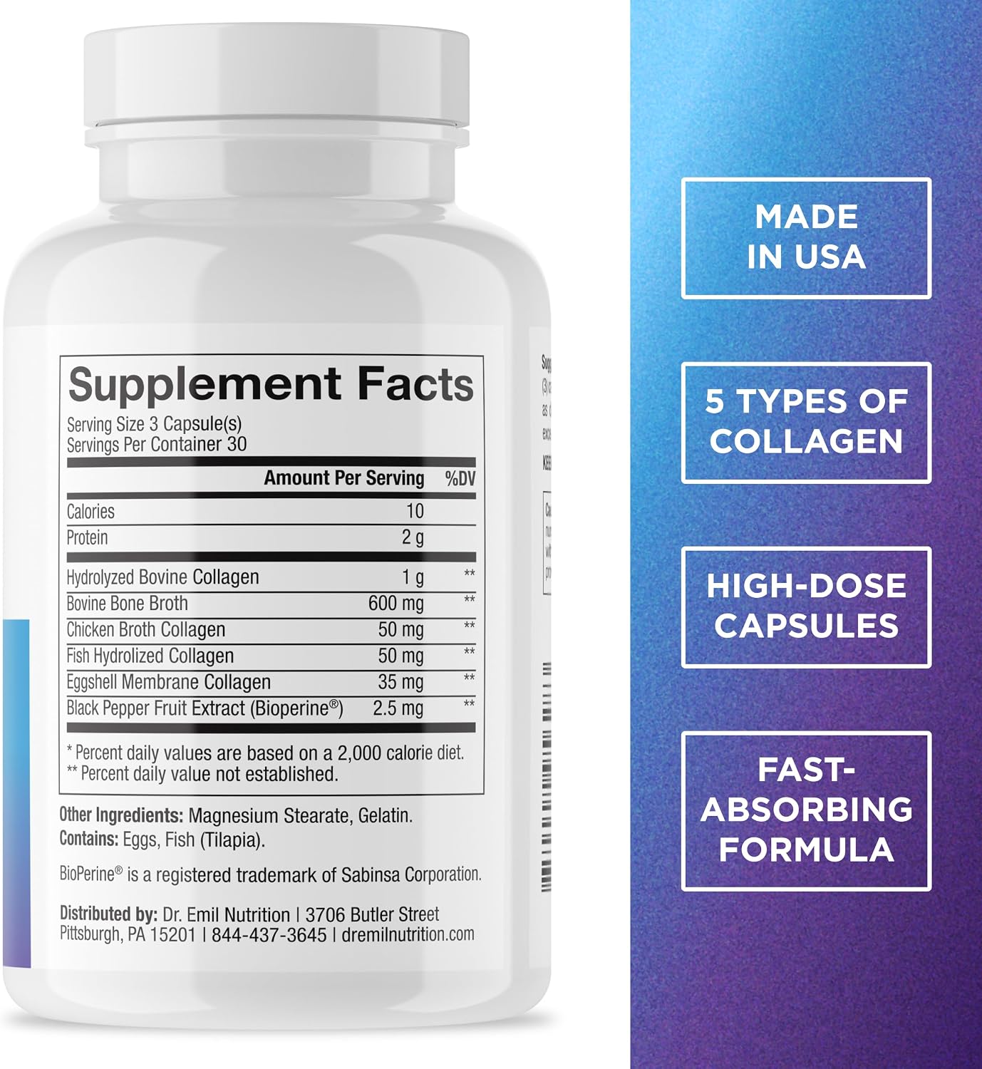 Dr. Emil Nutrition Multi Collagen - Hydrolyzed Collagen Supplement - Types I, II, III, V & X - Hair, Skin, Nails & Joint Support - Non-GMO & Gluten-Free - 90 Capsules - Image 2