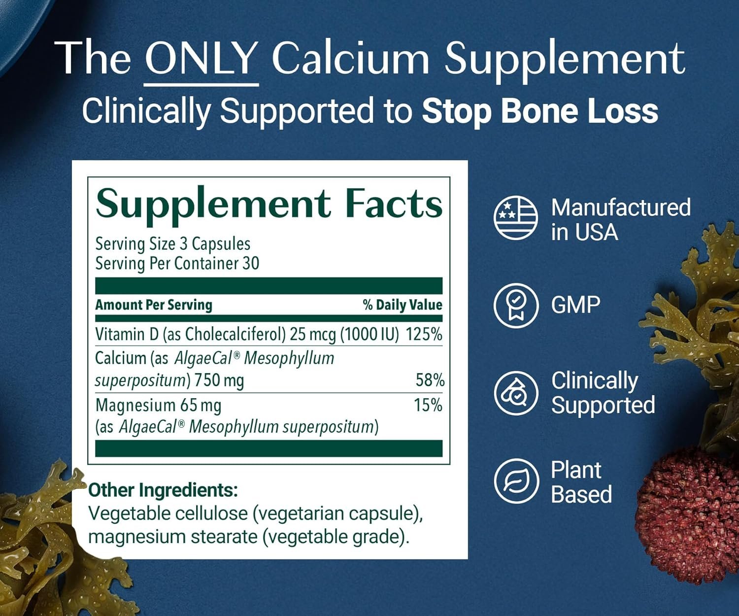 ALGAECAL Plant Based Calcium Supplement for Bone Strength, 90 Caps, 1 Pack | Organic red algae calcium 750mg with D3 1000 IU and 13 minerals for daily bone health support. Veggie capsules. - Image 6