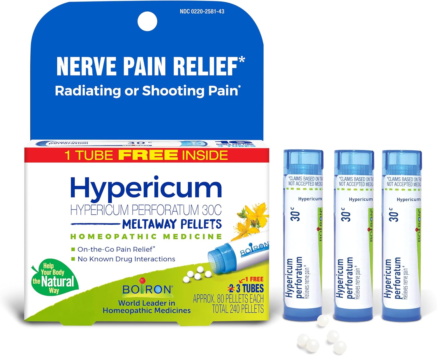 Boiron Hypericum Perforatum 30C Homeopathic Medicine for Relief from Nerve Pain, Toothaches, Pain in Legs or Back, and Shooting Pains - 3 Count (240 Pellets)