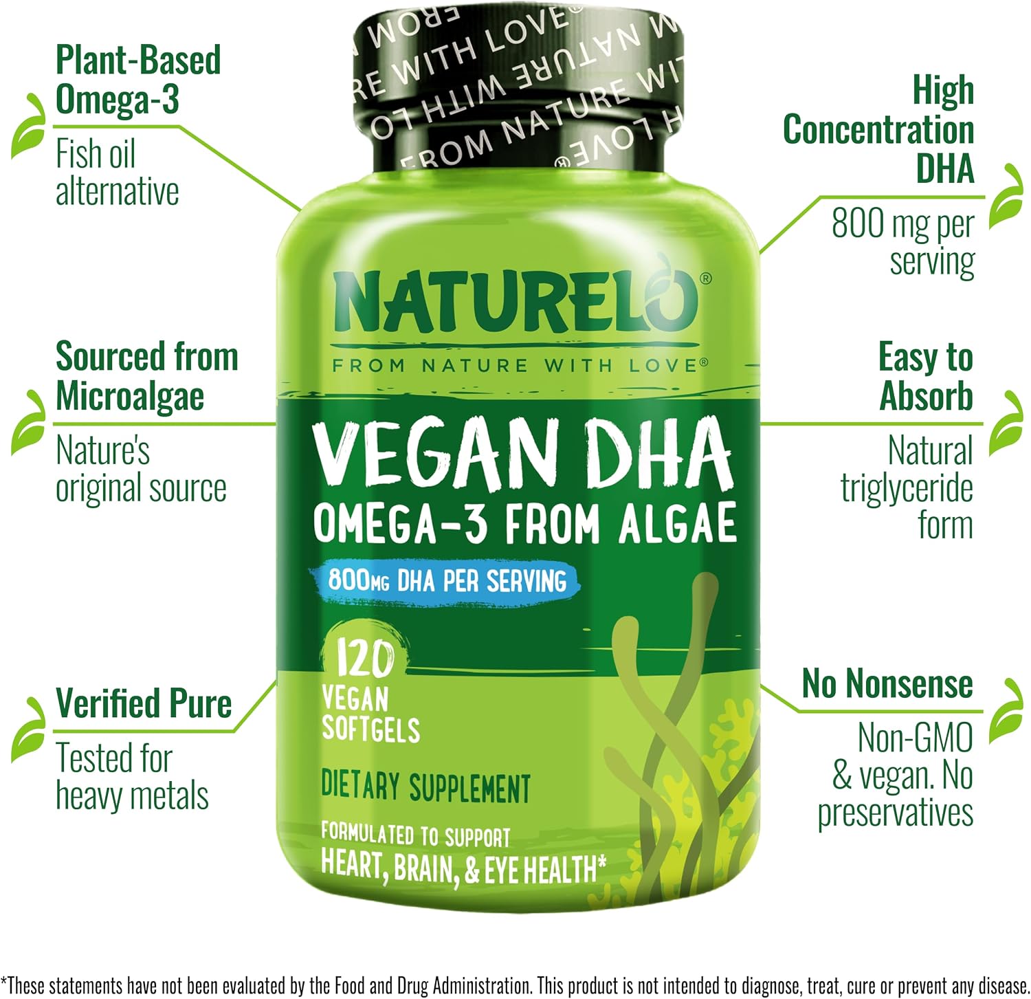 NATURELO Vegan DHA, Vegan Omega 3 Supplement, 120 Softgels, Supports Brain/Heart/Eye Health, Complements Prenatal Vitamins, Essential Fatty Acids, Omega 3 Supplement for Women & Men - Image 2
