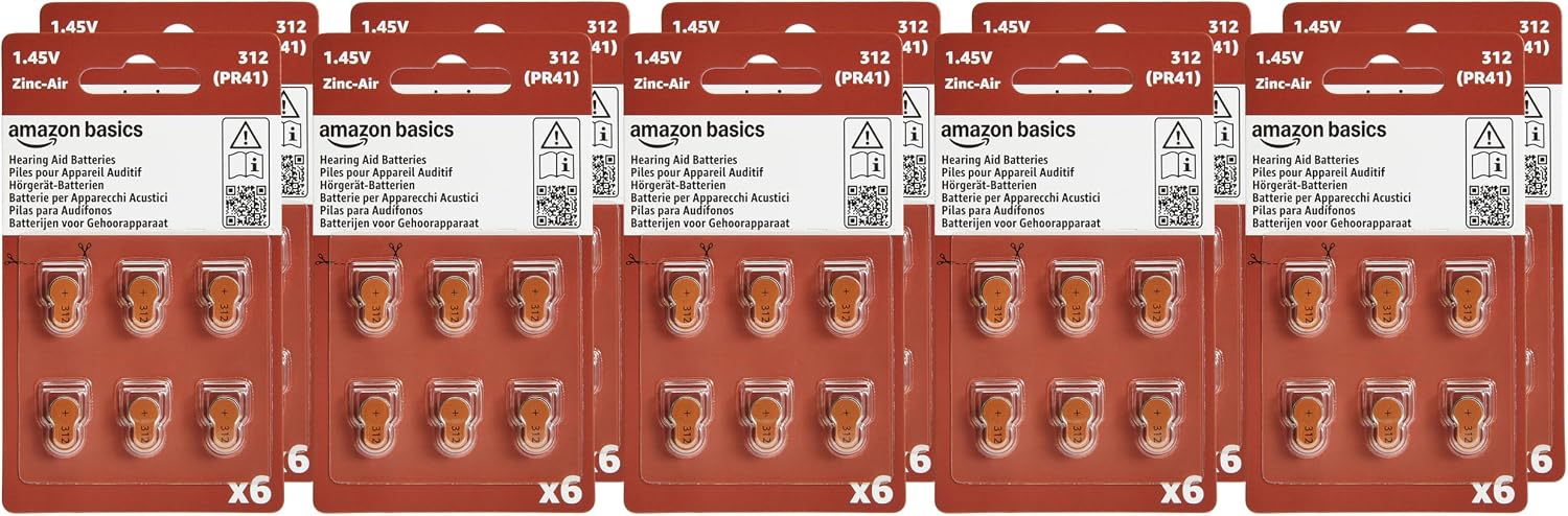 Amazon Basics 60-Pack Hearing Aid Batteries Size 312, 1.45 Volt, Zinc Air Technology, Long-Lasting, 4-Year Shelf Life, Mercury Free, Brown Tab, Child-Safe Package
