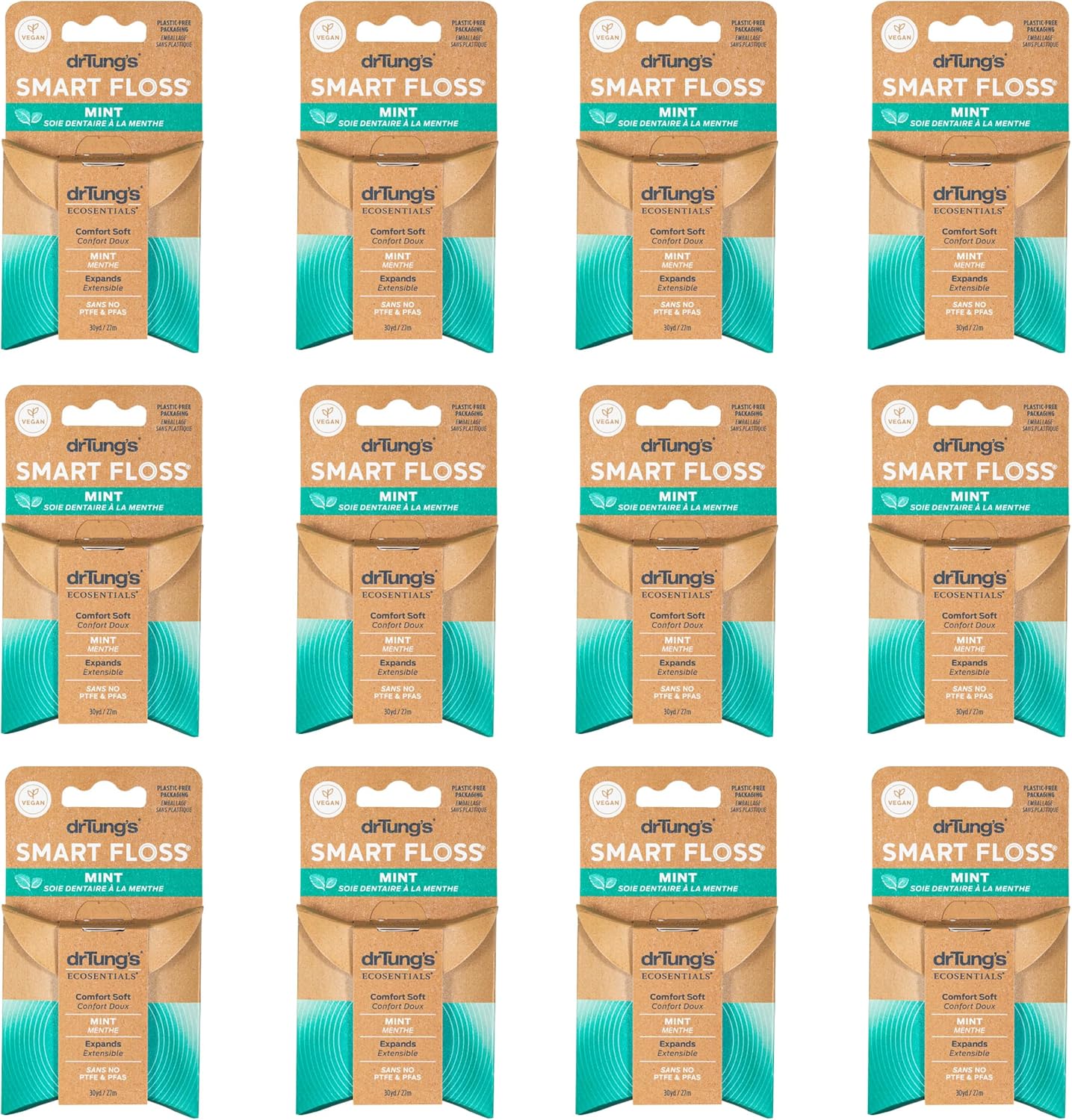 DrTung's Smart Floss, Mint Natural Expanding Dental Floss - Pack of 12 | Gentle on Tooth & Gums, Expands & Glides, PTFE & PFAS Free, Certified Organic Mint Essential Oils